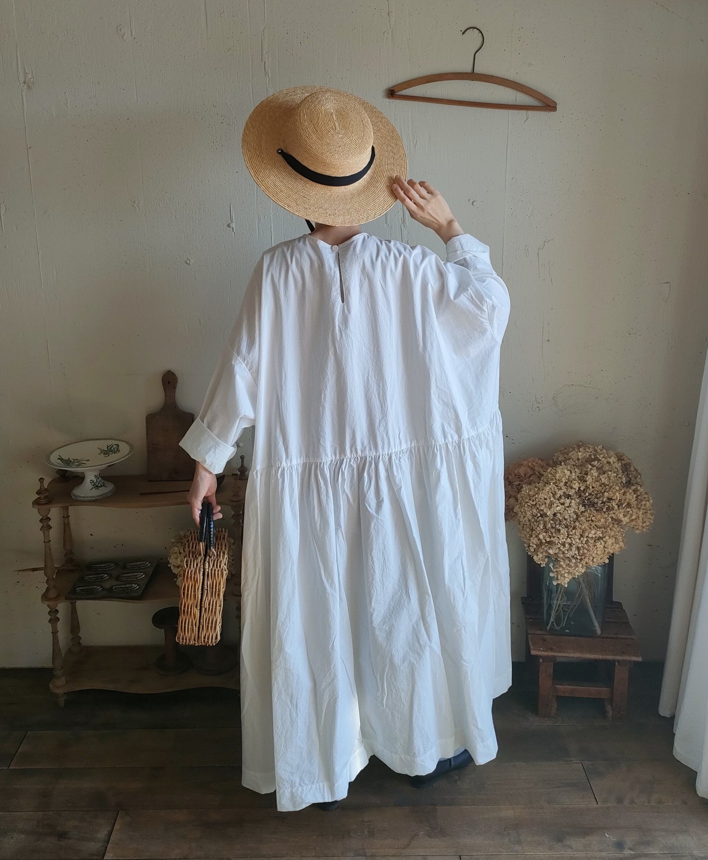 【Mat White】modernist switching gather Onepiece  コットンワンピース　Aライン　ギャザーワンピース　ガーゼ gauze#
