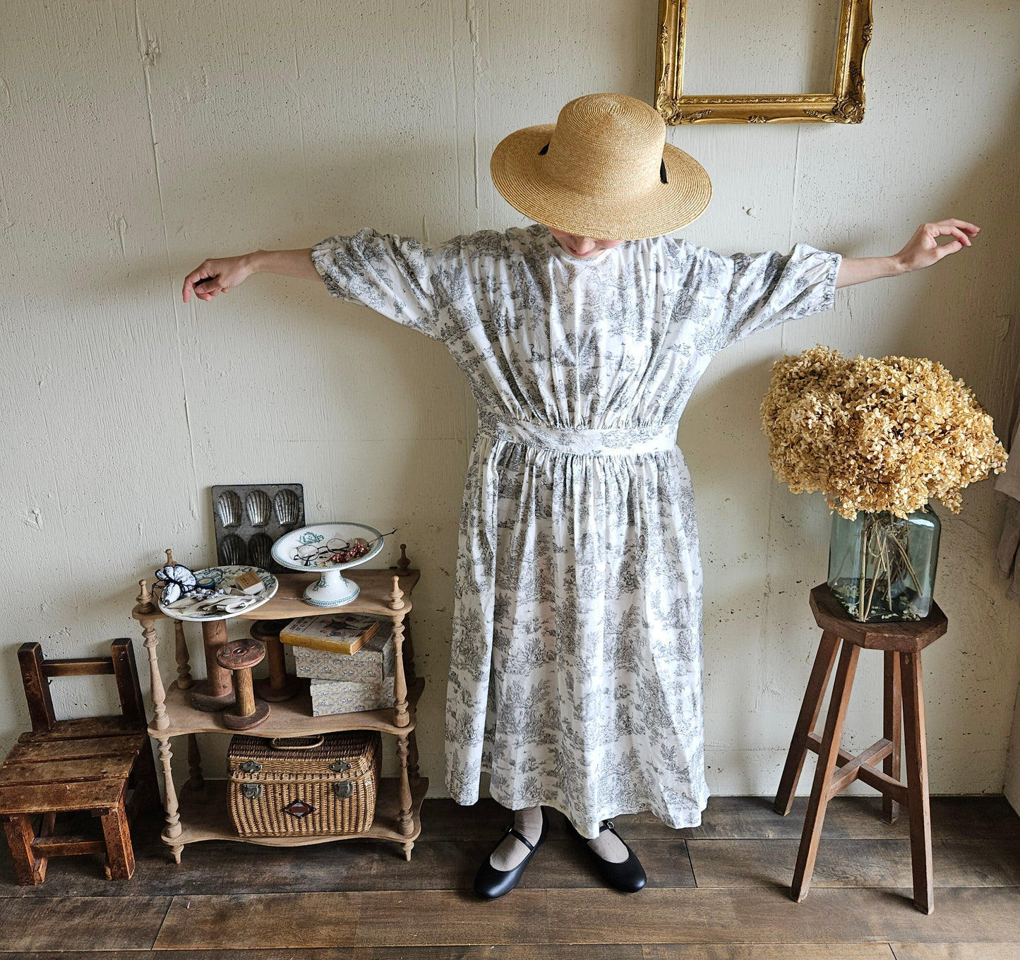 toile de jouy トワルドジュイ柄 ギャザーワンピース French cotton  gather one piece