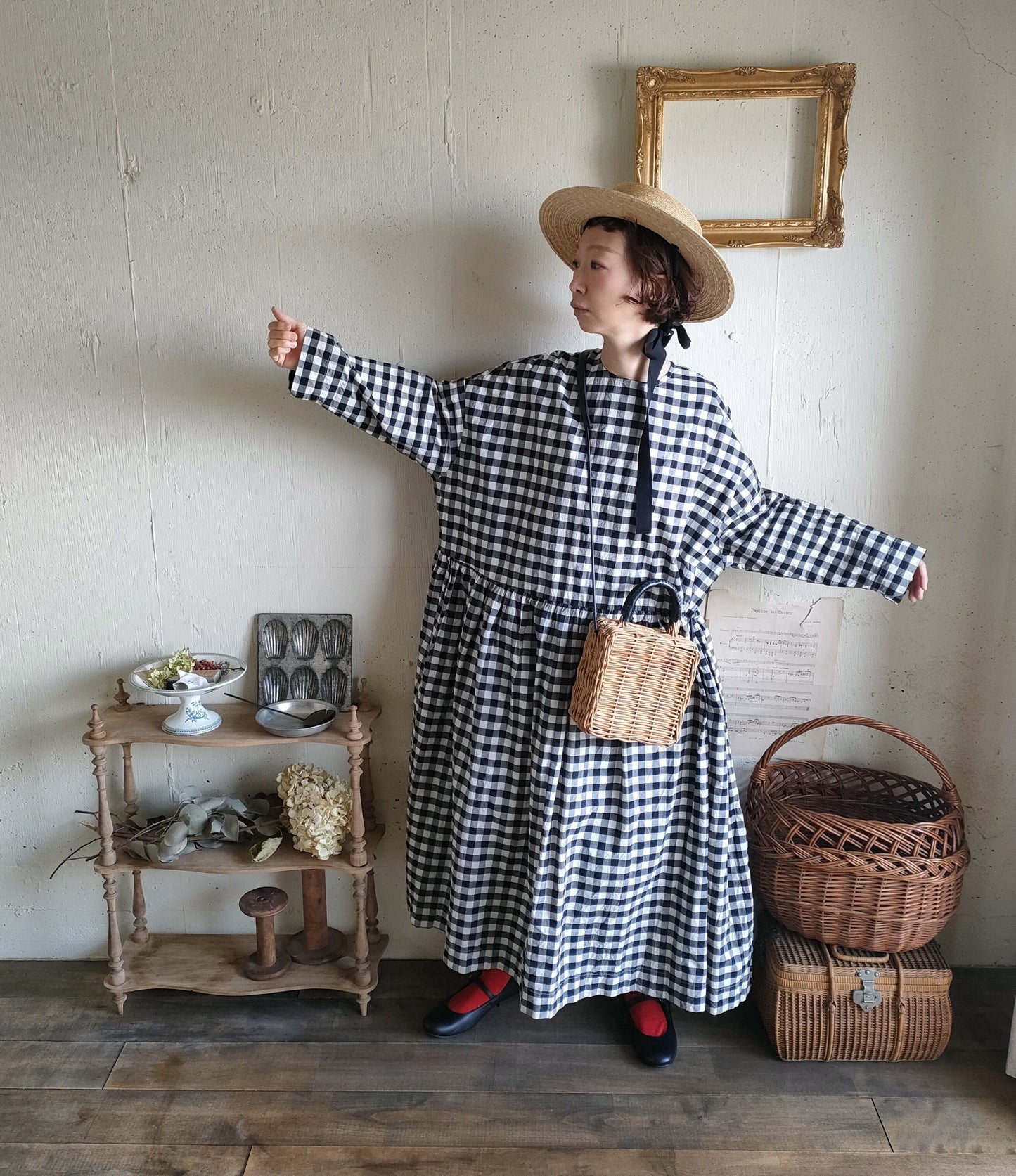 【Gingham check】modernist switching gather Onepiece  コットンワンピース　Aライン　ギャザーワンピース　ガーゼ gauze#