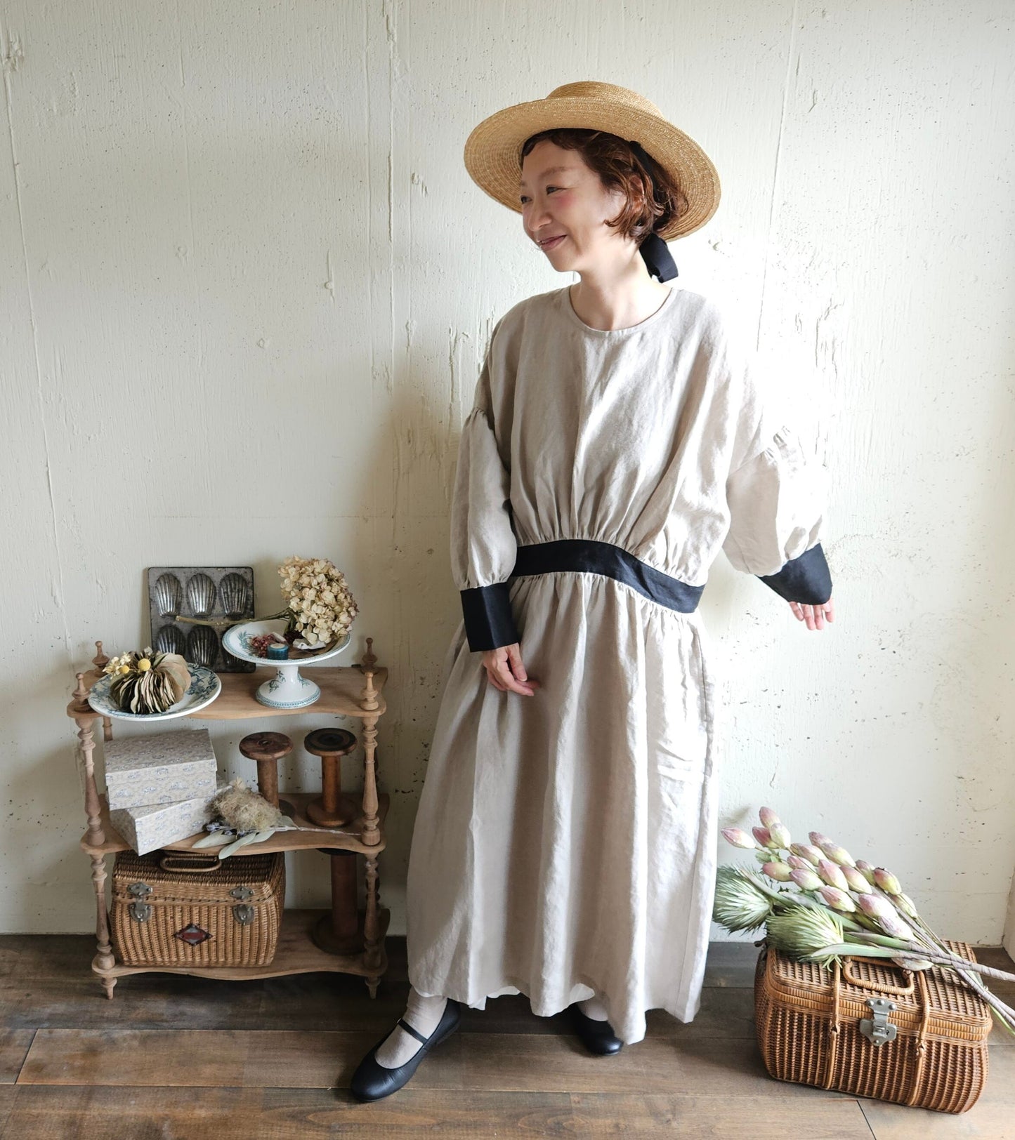 【kinari × Black】キナリ×ブラック bicollar cuffs gather onepice