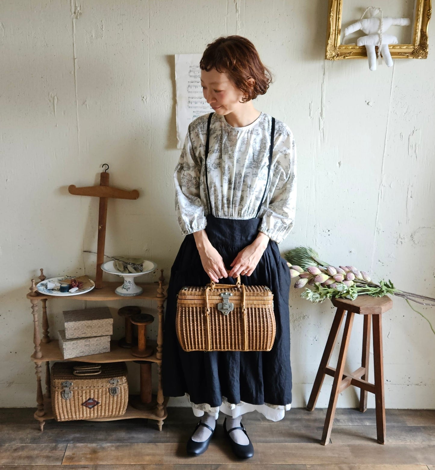 Dark Black　2way サスペンダーギャザータブリエ　French Linen Gather tablier