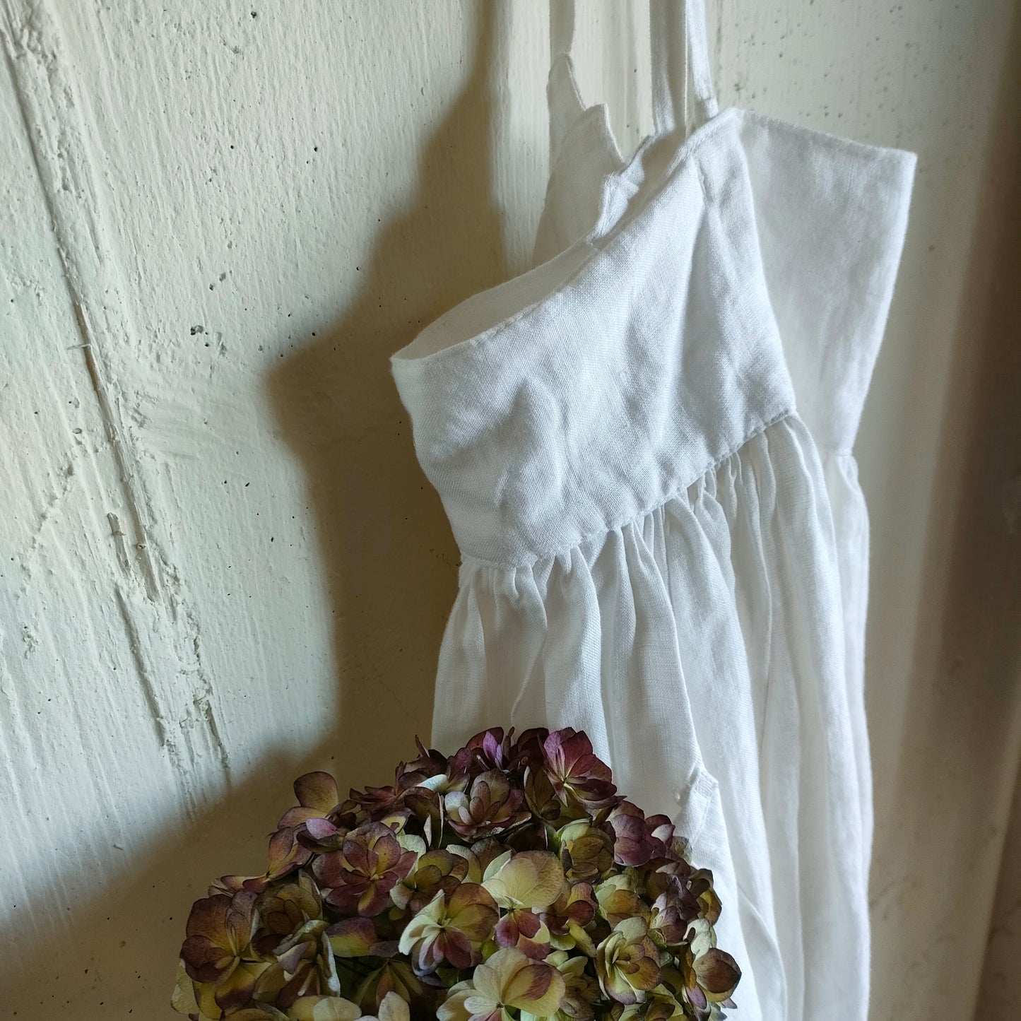 Ecru White　2way サスペンダーギャザータブリエ　French Linen Gather tablier 　アンティークタブリエ　リネンタブリエ