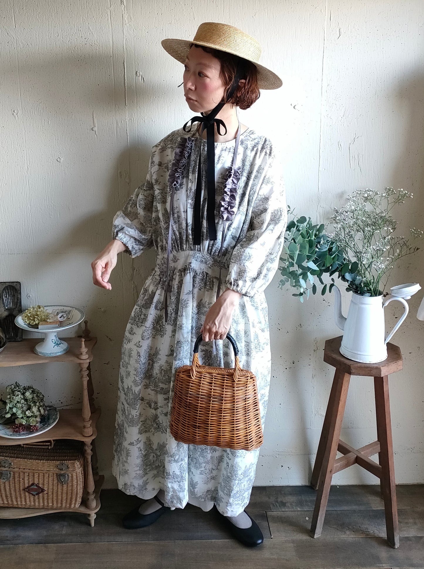 toile de jouy トワルドジュイ柄 ギャザーワンピース French cotton  gather one piece