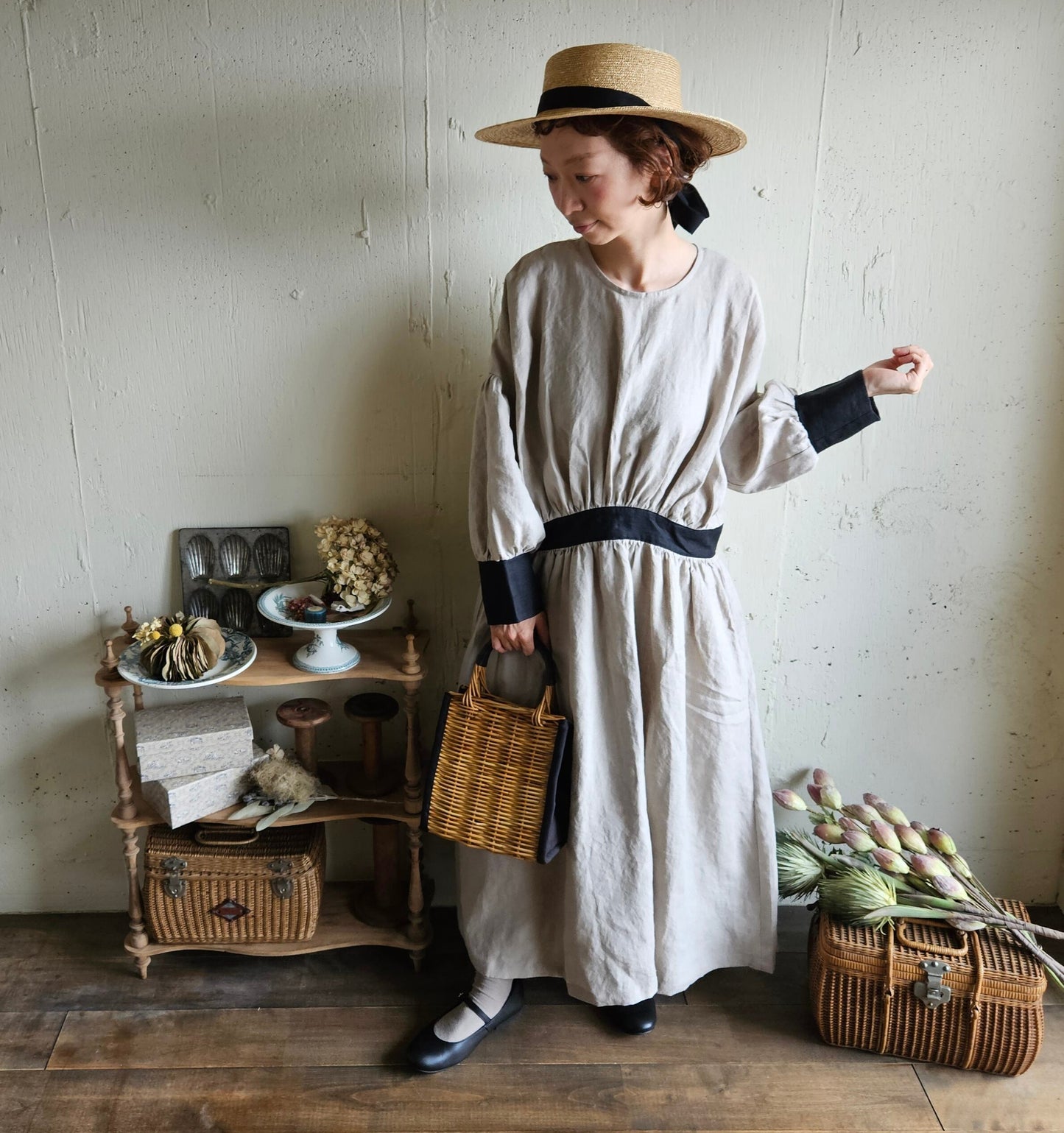 【kinari × Black】キナリ×ブラック bicollar cuffs gather onepice