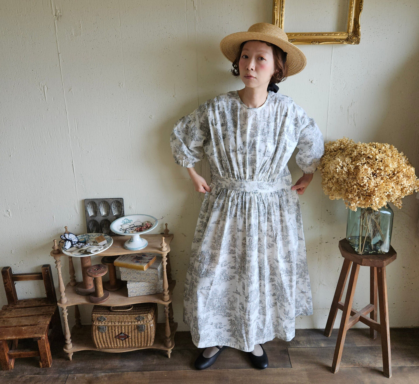 toile de jouy トワルドジュイ柄 ギャザーワンピース French cotton  gather one piece