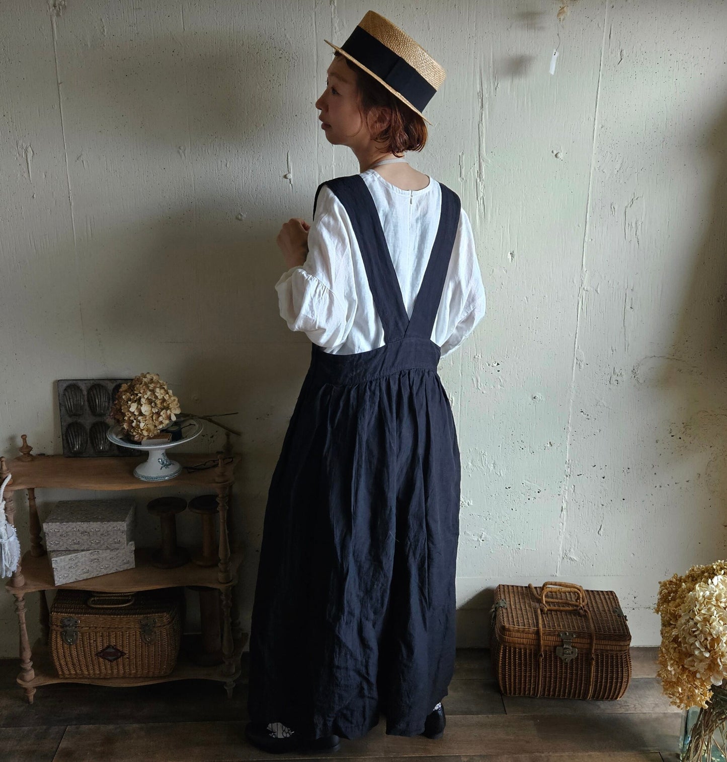 《ANTIQUE Black》Curios linen suspender skirt gauze#  サスペンダースカート