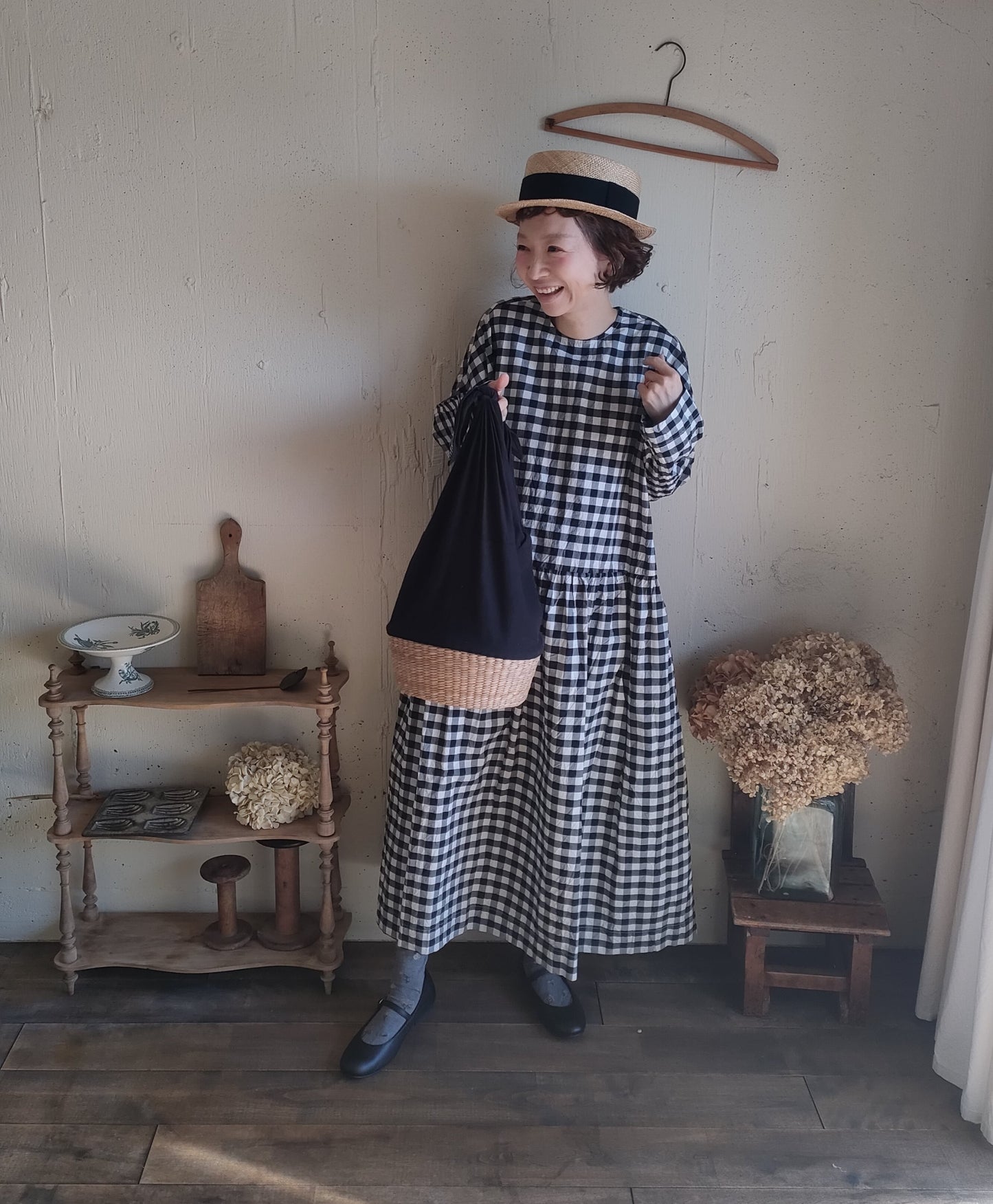 【Gingham check】modernist switching gather Onepiece  コットンワンピース　Aライン　ギャザーワンピース　ガーゼ gauze#