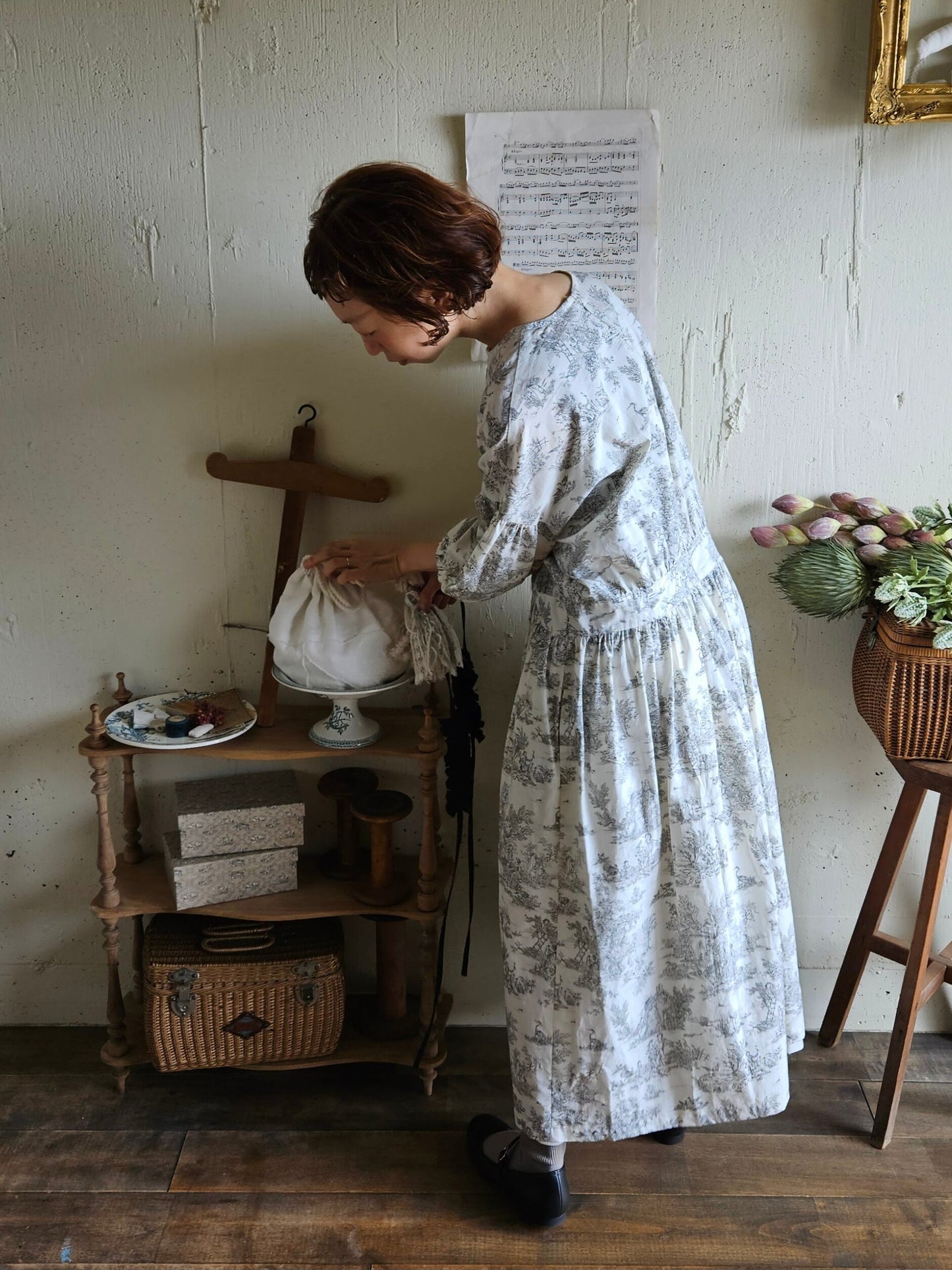 toile de jouy トワルドジュイ柄 ギャザーワンピース French cotton  gather one piece