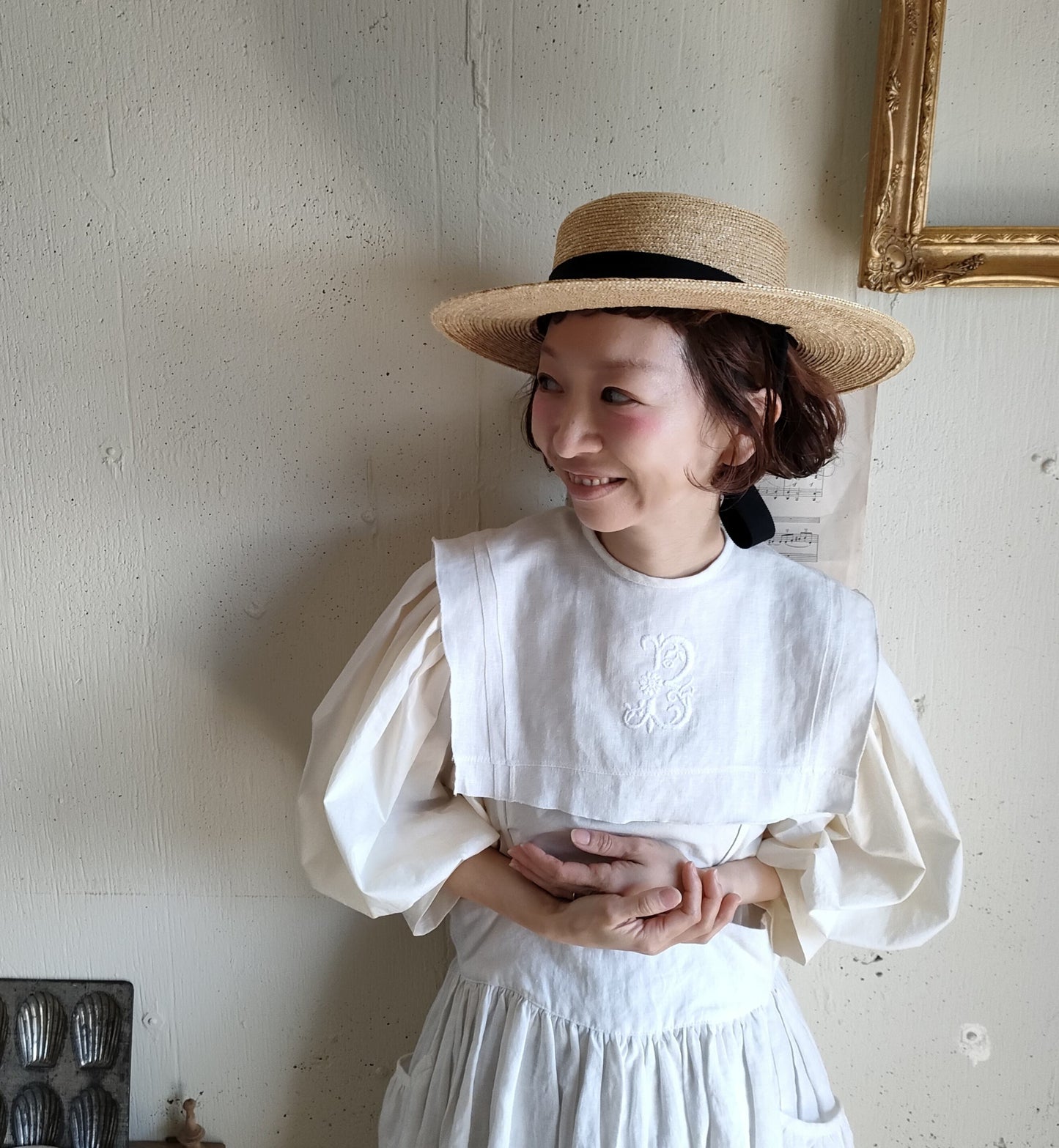 Embroidery Linen collar モノグラム刺繍のリネンつけ襟　手刺繍フランスアンティーク　リネン　つけ襟　