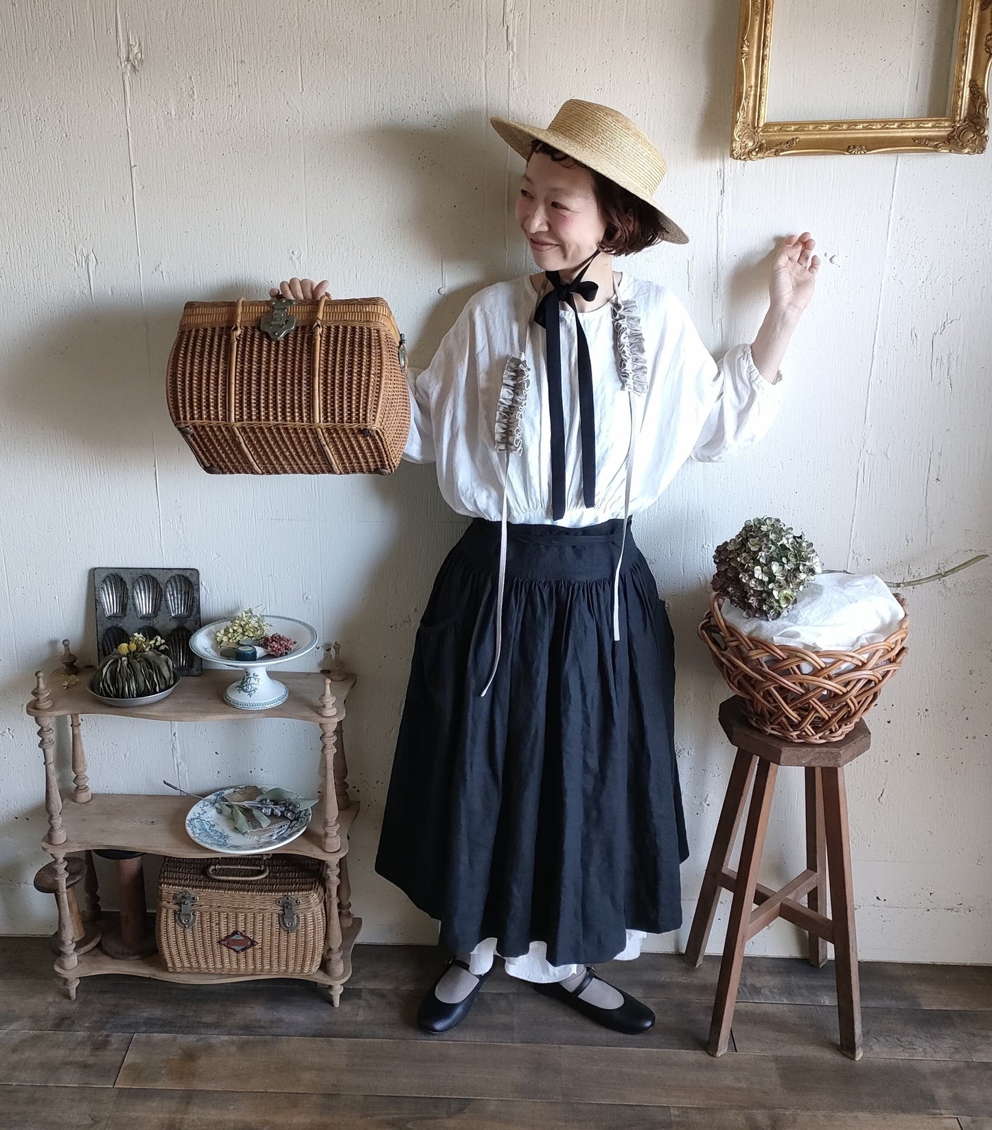 Dark Black　2way サスペンダーギャザータブリエ　French Linen Gather tablier