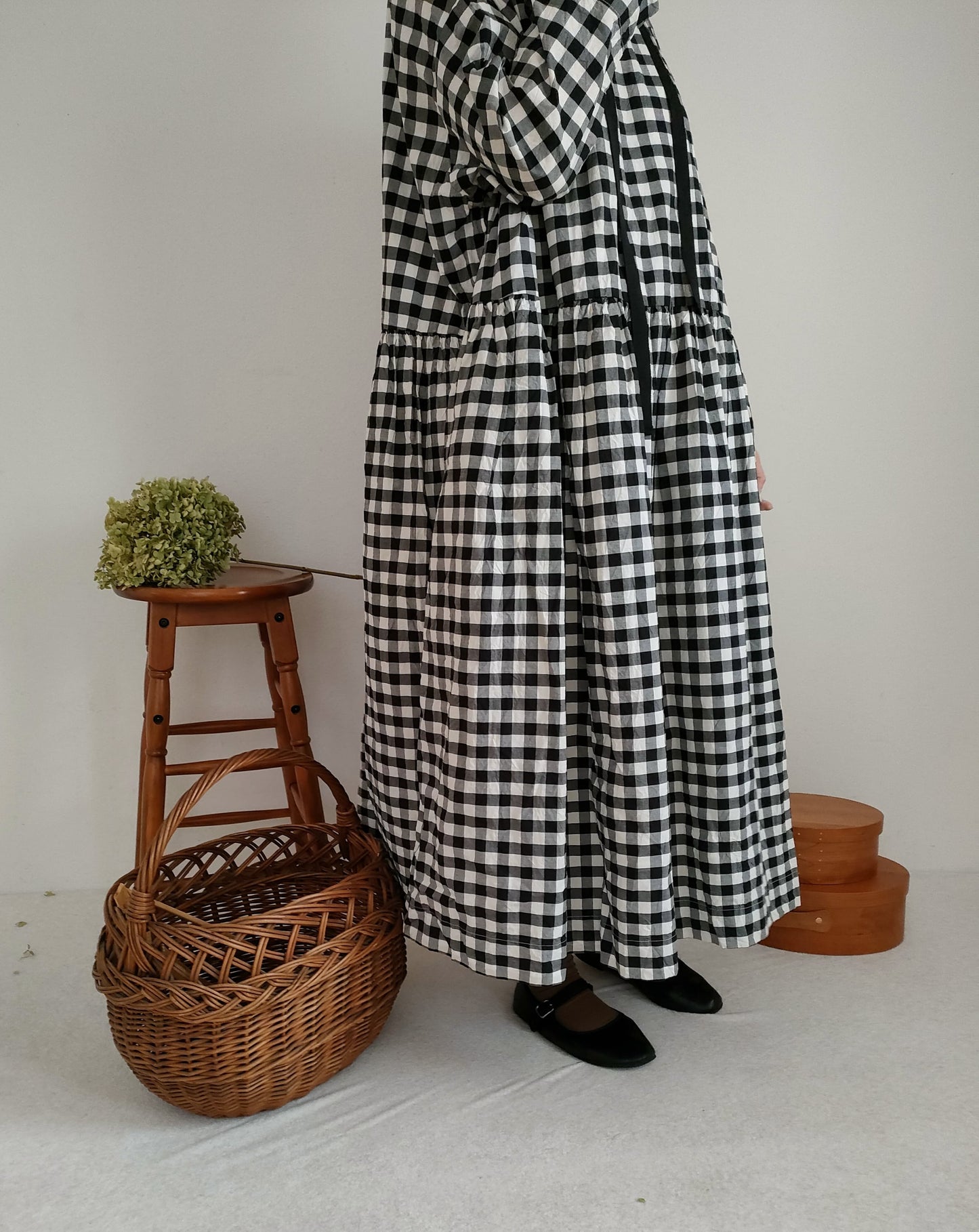 【Gingham check】modernist switching gather Onepiece  コットンワンピース　Aライン　ギャザーワンピース　ガーゼ gauze#
