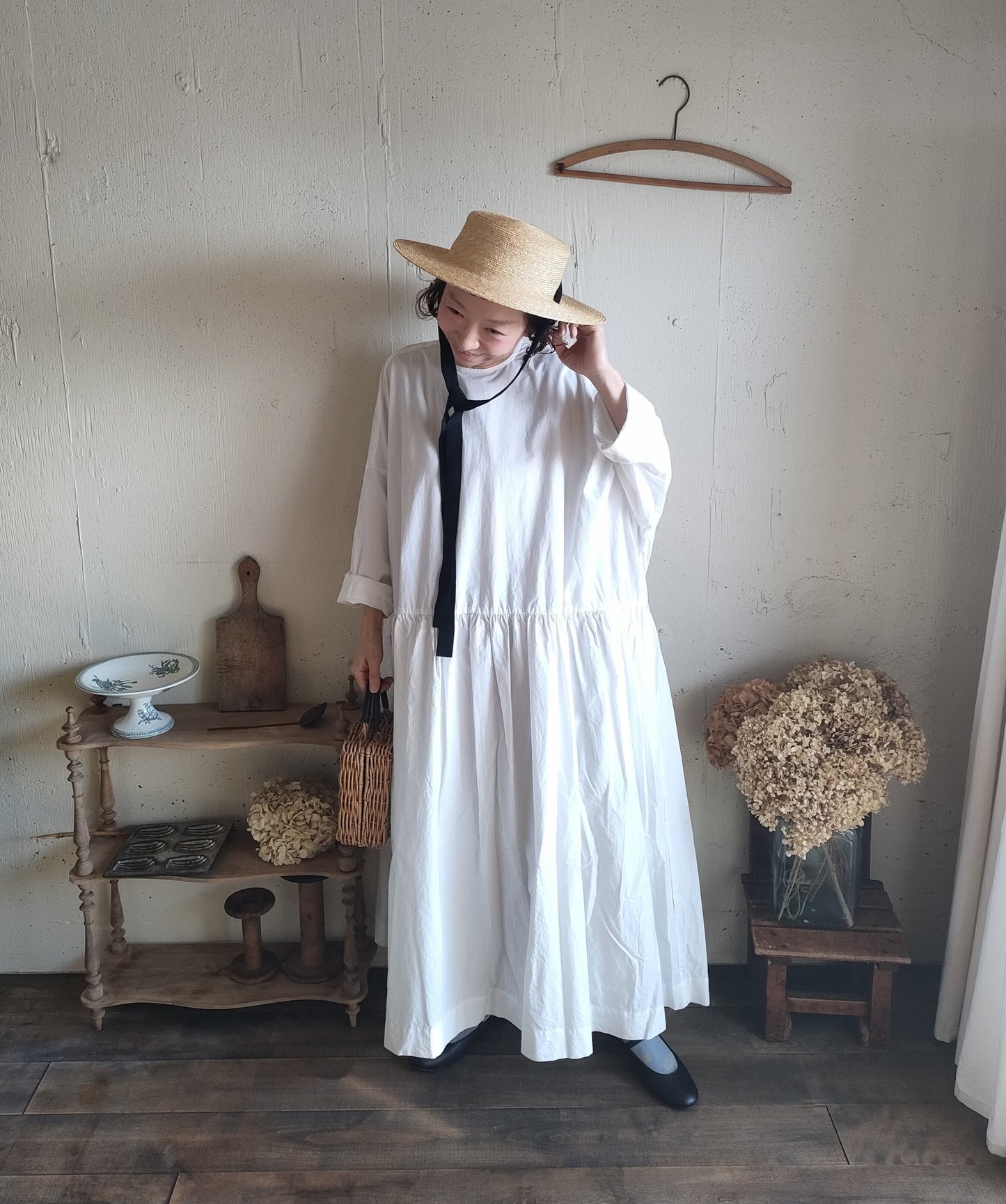 【Mat White】modernist switching gather Onepiece  コットンワンピース　Aライン　ギャザーワンピース　ガーゼ gauze#