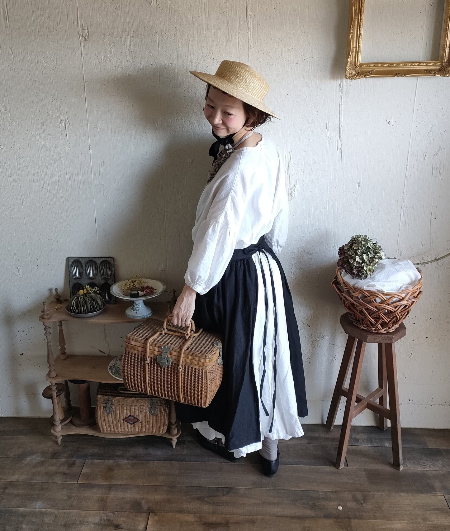 Dark Black　2way サスペンダーギャザータブリエ　French Linen Gather tablier