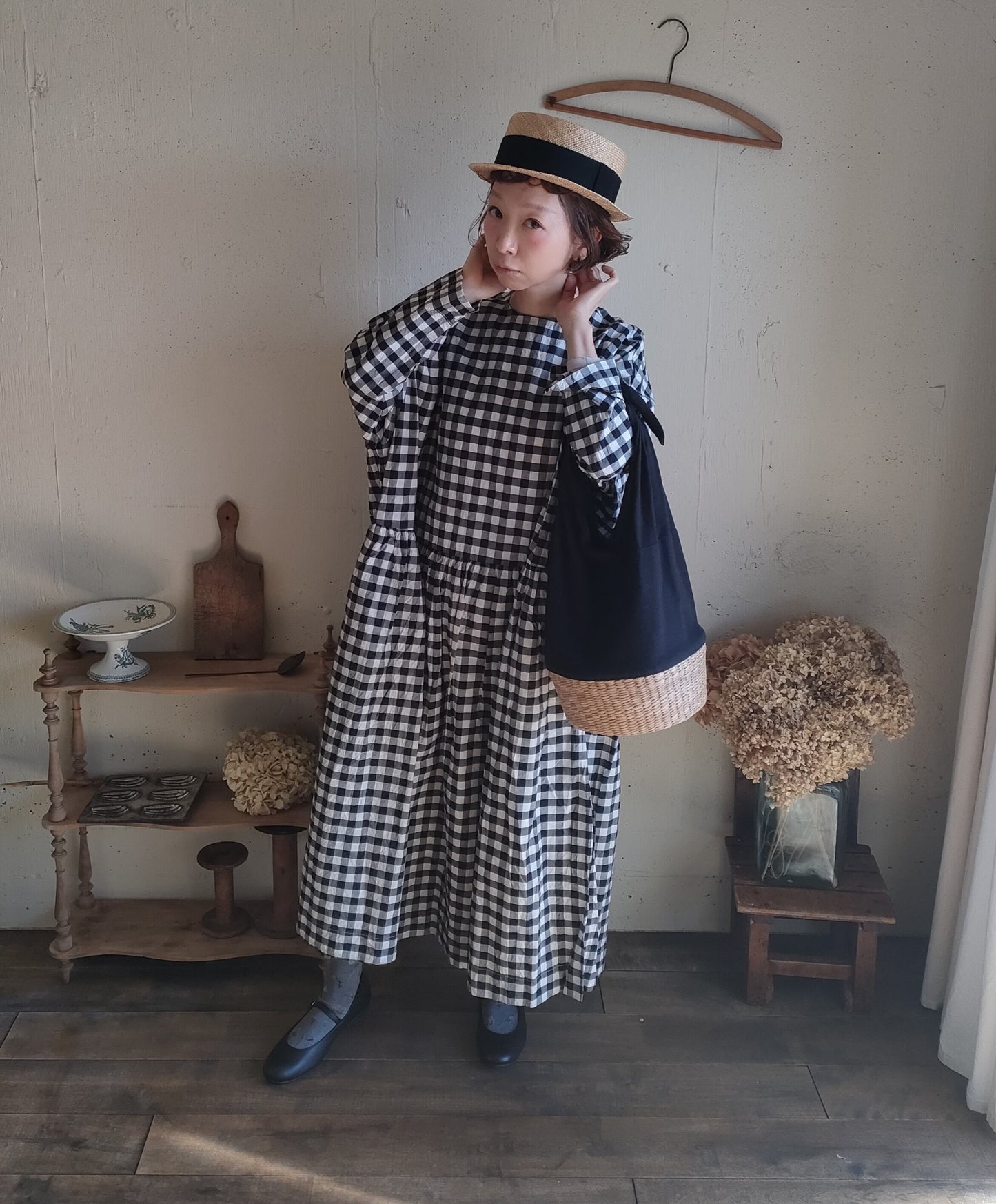 【Gingham check】modernist switching gather Onepiece  コットンワンピース　Aライン　ギャザーワンピース　ガーゼ gauze#