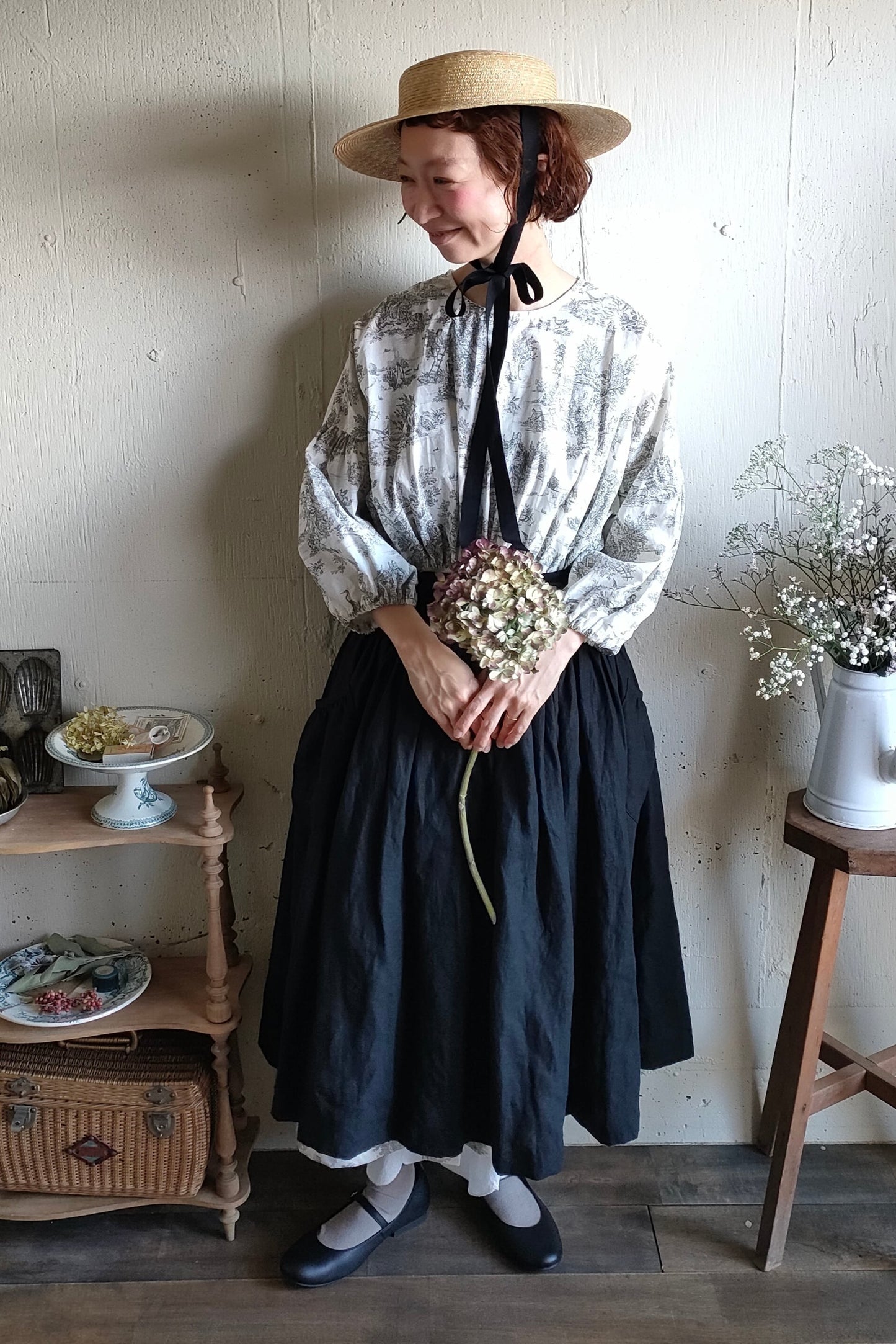 toile de jouy トワルドジュイ柄 ギャザーワンピース French cotton  gather one piece