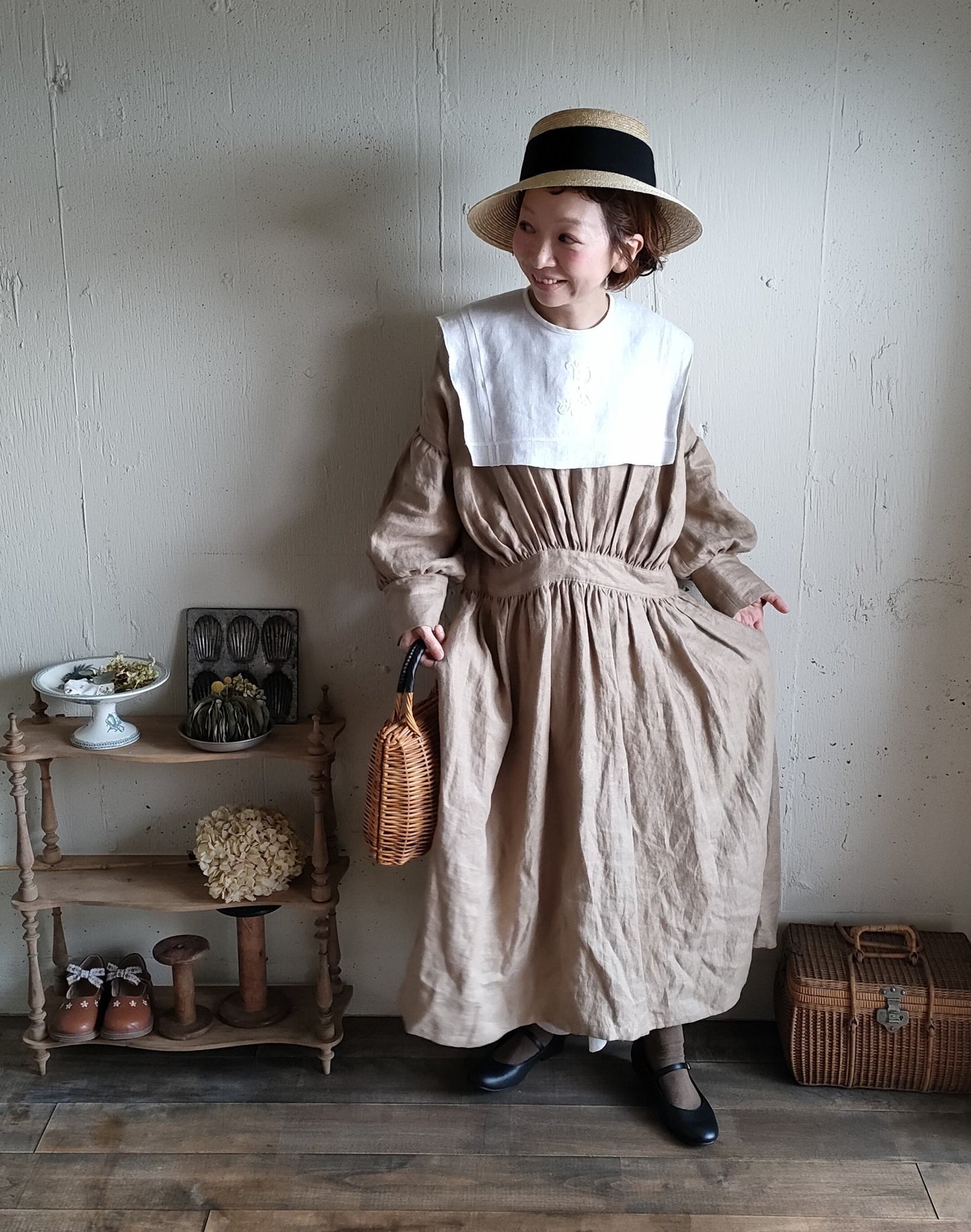 French Linen Ayaori Gather onepiece　アヤオリギャザーワンピース　フレンチリネンギャザーワンピース　リネンワンピース　ナチュラルワンピース　フレンチリネン　