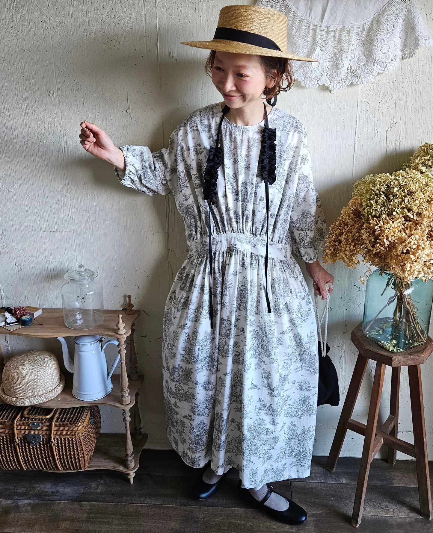 toile de jouy トワルドジュイ柄 ギャザーワンピース French cotton  gather one piece
