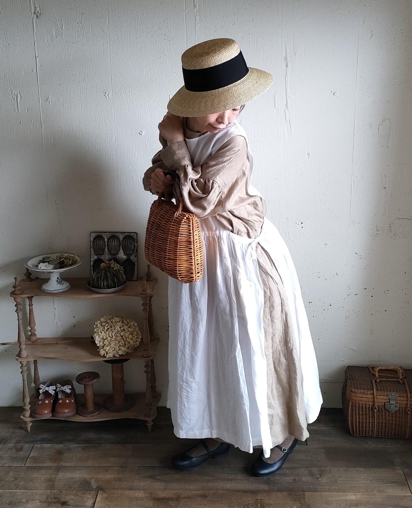 French Linen Ayaori Gather onepiece　アヤオリギャザーワンピース　フレンチリネンギャザーワンピース　リネンワンピース　ナチュラルワンピース　フレンチリネン　