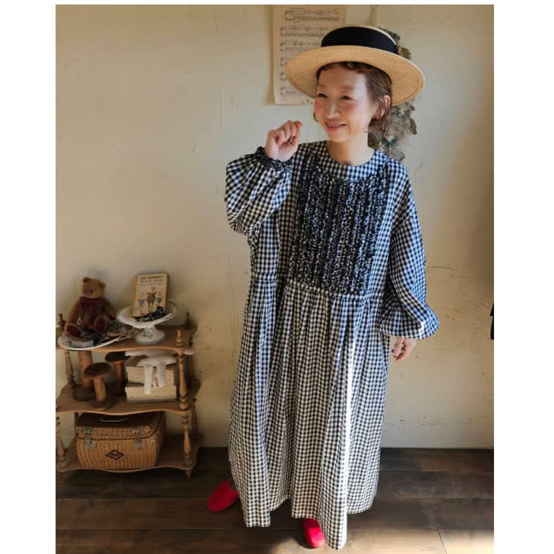 ギンガムエミリーワンピースgingham emilyone-piece　black×white