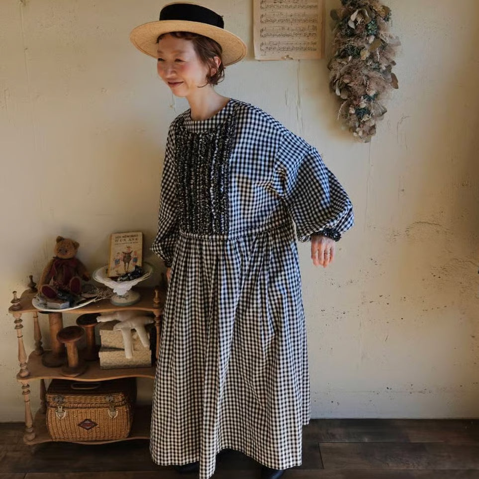 ギンガムエミリーワンピースgingham emilyone-piece　black×white