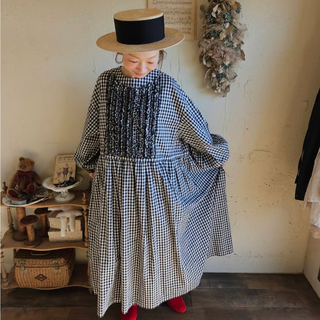 ギンガムエミリーワンピースgingham emilyone-piece　black×white