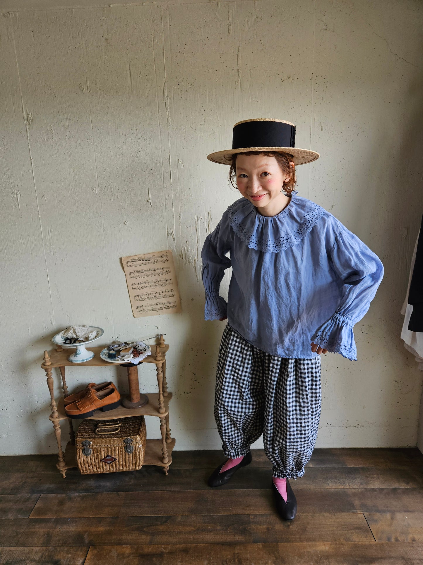 【即納】アンティークフリルブラウス　gauze#×megurimegutte  別注カラー！スモーキーブルー　smoky blue    antique frill blouse