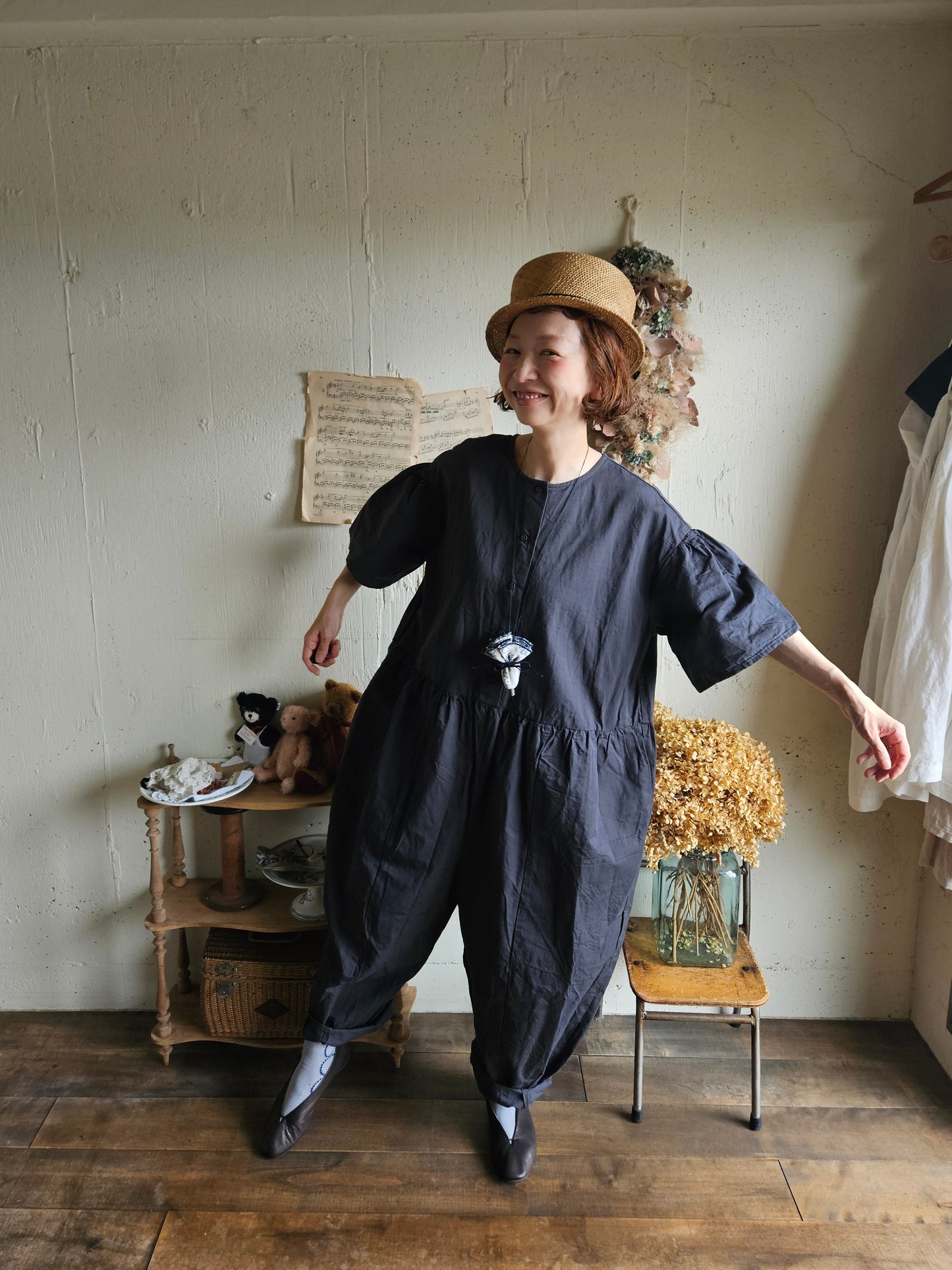 【即納】Gauze#  チャーリーサロペット　CHARCOAL BLACK　オールインワン