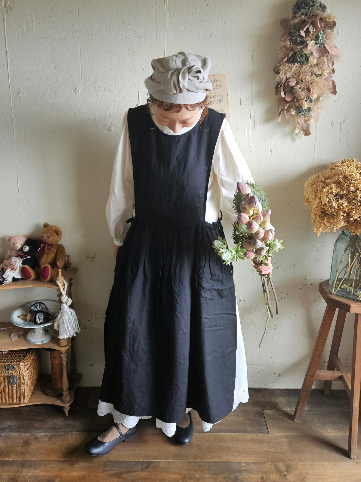 Dark Black フレンチリネンエプロンワンピース　フレンチリネンワンピース　FrenchLinen Apron onepiece