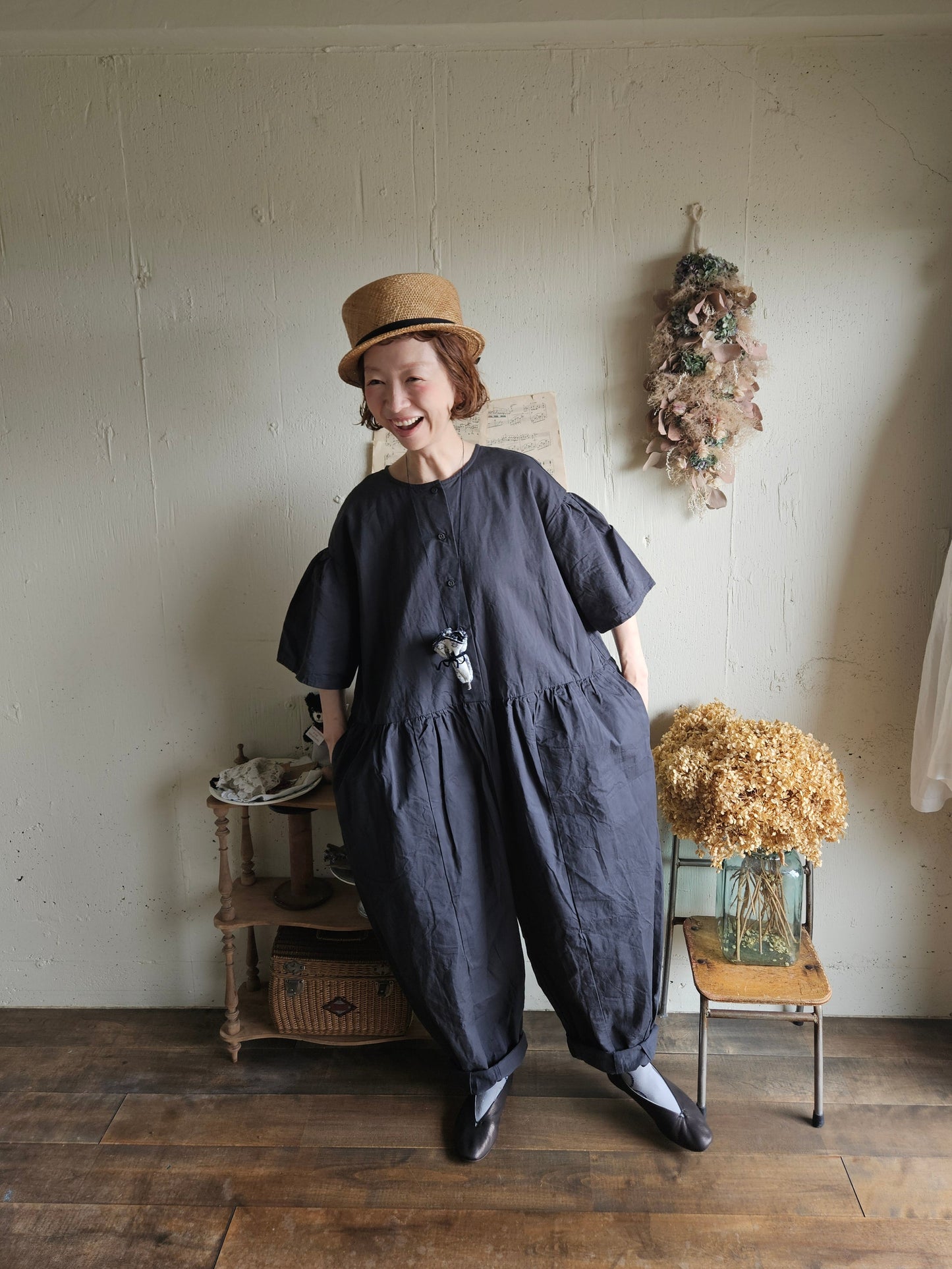 【即納】Gauze#  チャーリーサロペット　CHARCOAL BLACK　オールインワン