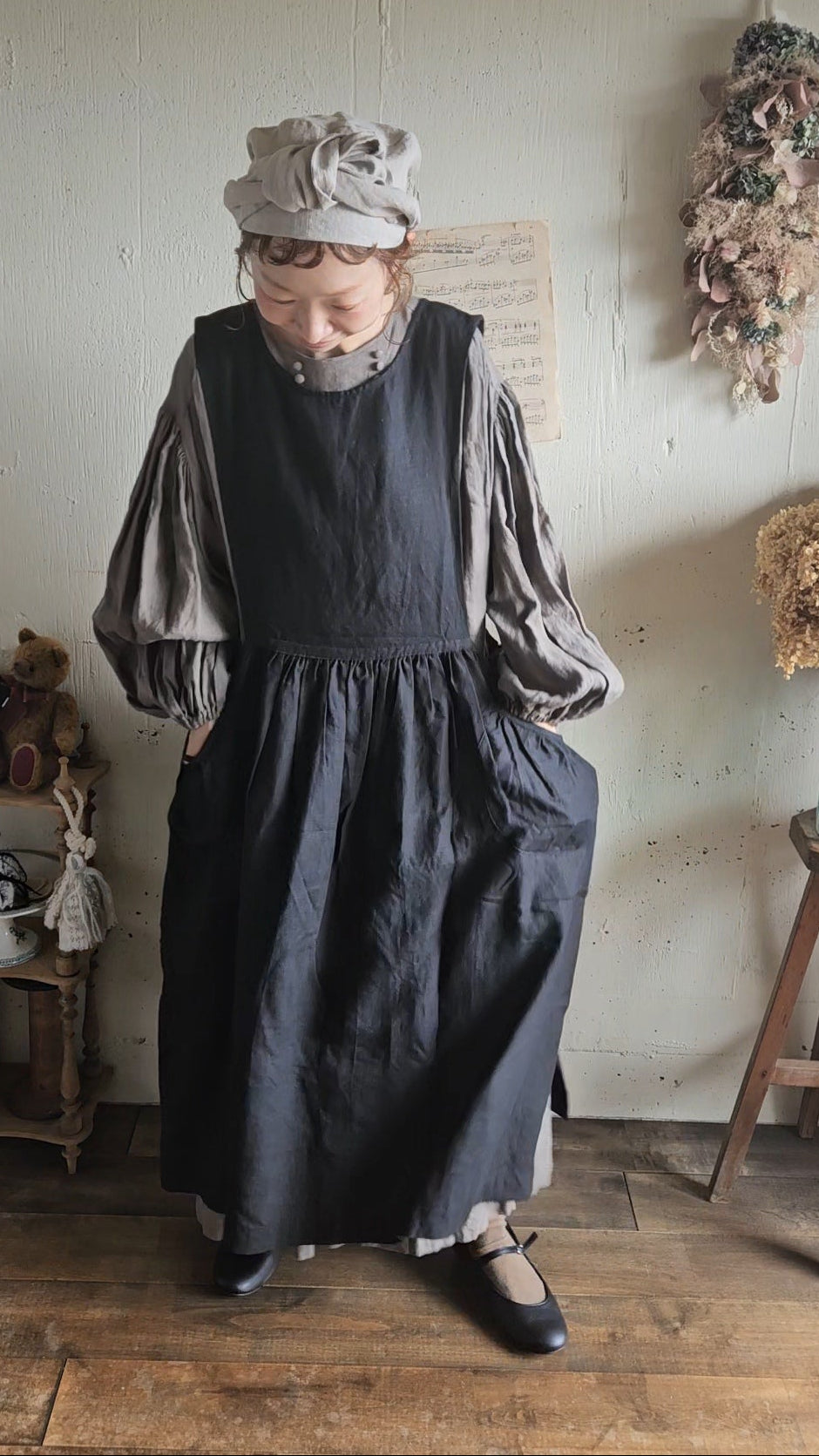 Dark Black フレンチリネンエプロンワンピース　フレンチリネンワンピース　FrenchLinen Apron onepiece