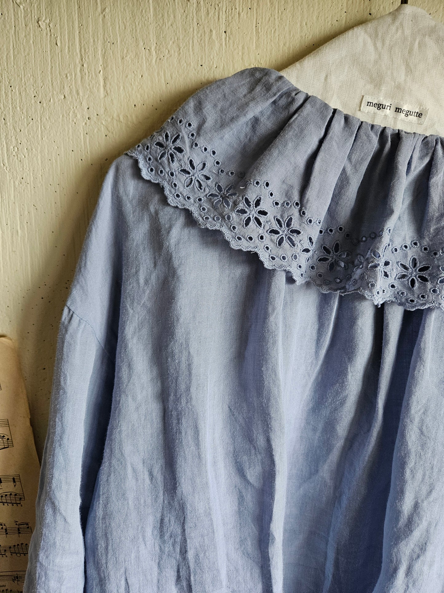 【即納】アンティークフリルブラウス　gauze#×megurimegutte  別注カラー！スモーキーブルー　smoky blue    antique frill blouse