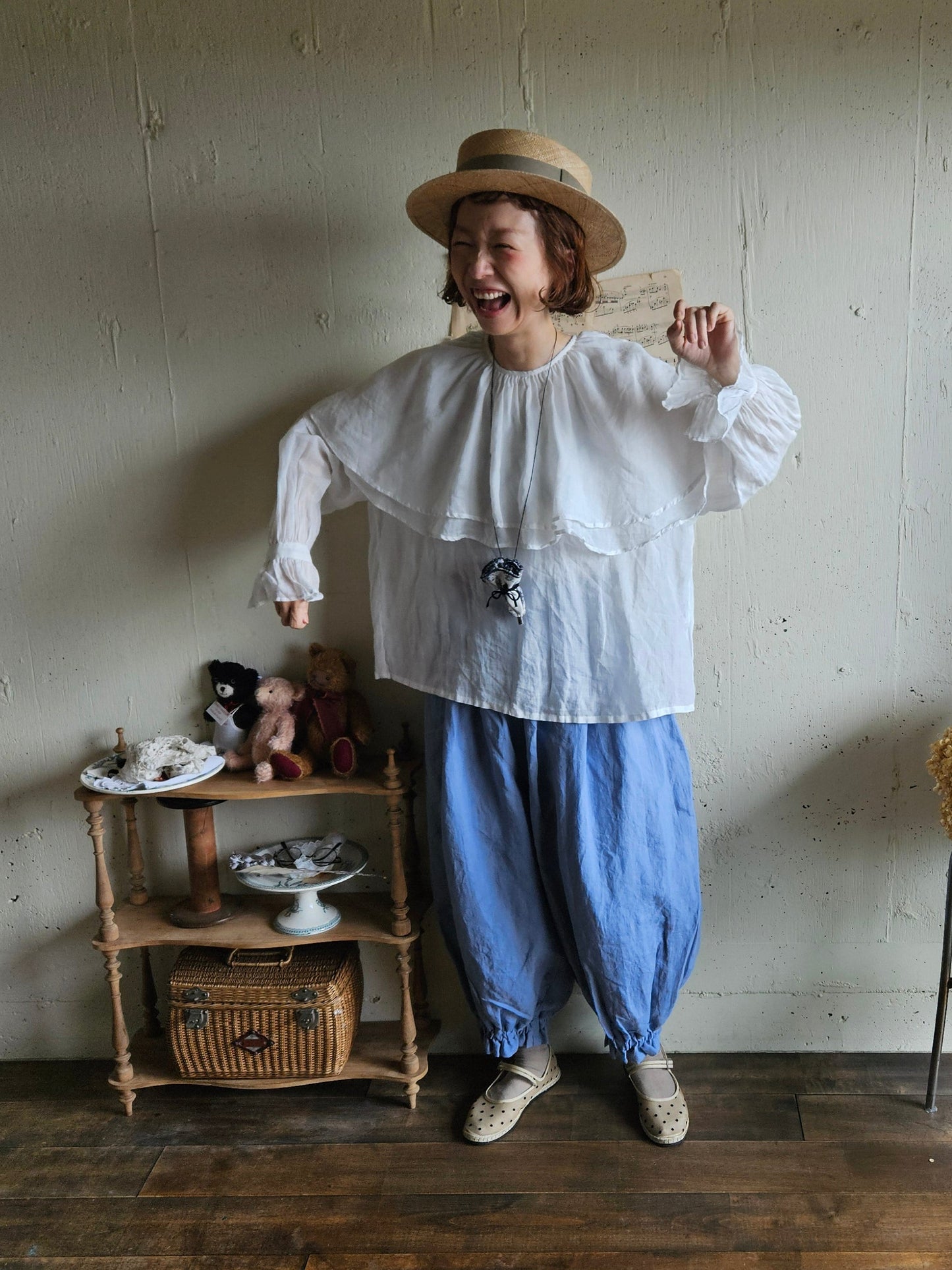 【即納】ダブルカラーピエロブラウス　　White  DOUBLE COLLAR PIEROT BLOUSE