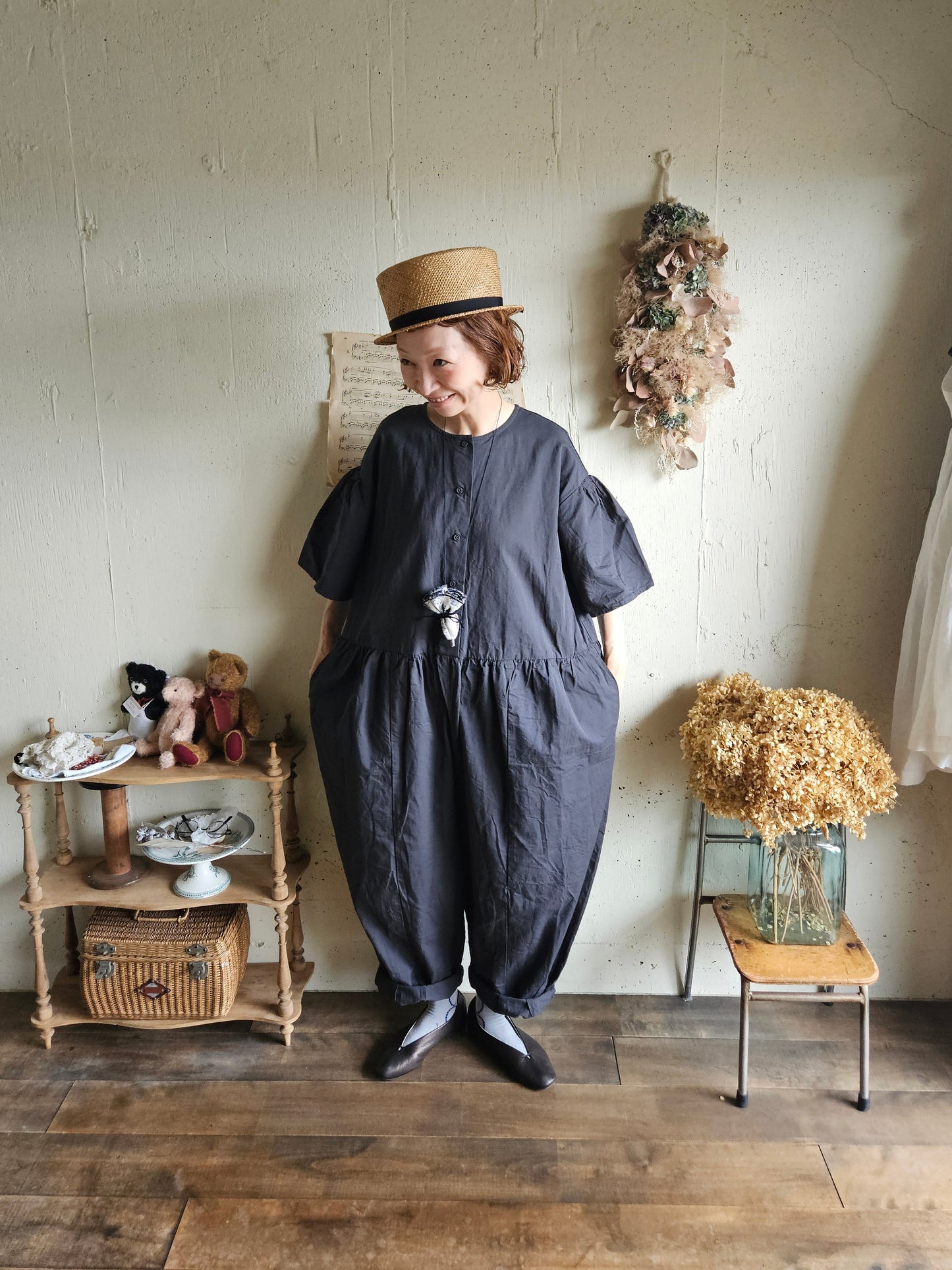 【即納】Gauze#  チャーリーサロペット　CHARCOAL BLACK　オールインワン