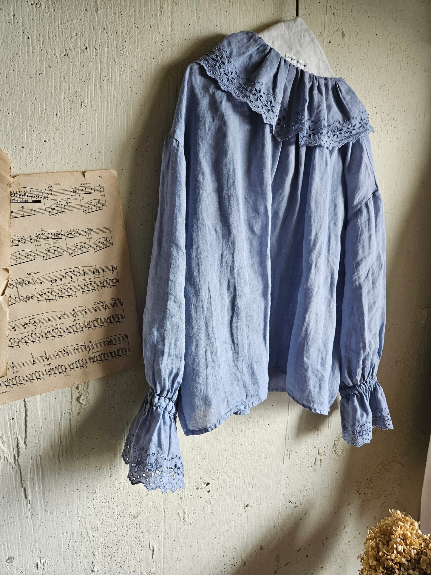 【即納】アンティークフリルブラウス　gauze#×megurimegutte  別注カラー！スモーキーブルー　smoky blue    antique frill blouse
