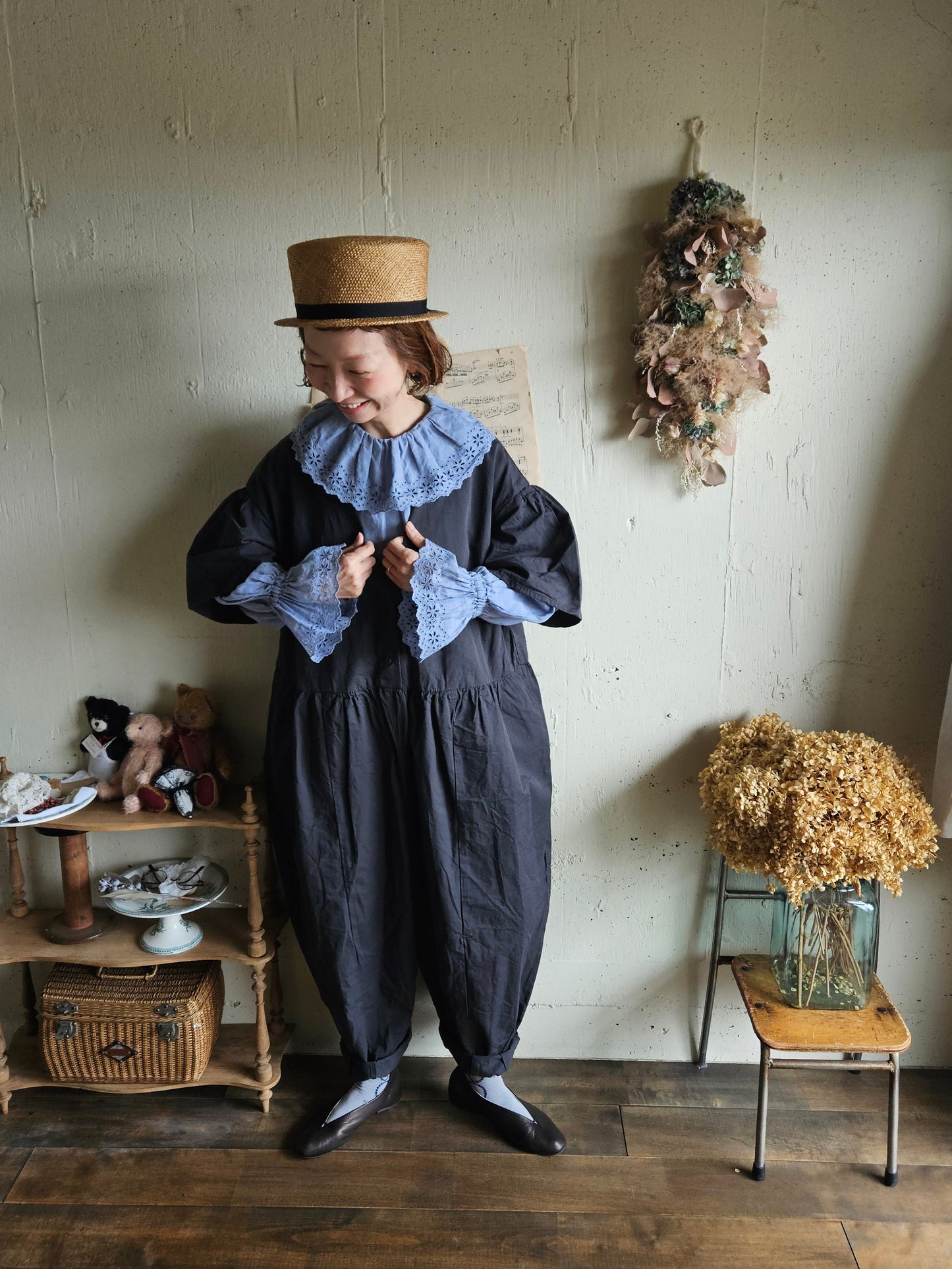 【即納】アンティークフリルブラウス　gauze#×megurimegutte  別注カラー！スモーキーブルー　smoky blue    antique frill blouse
