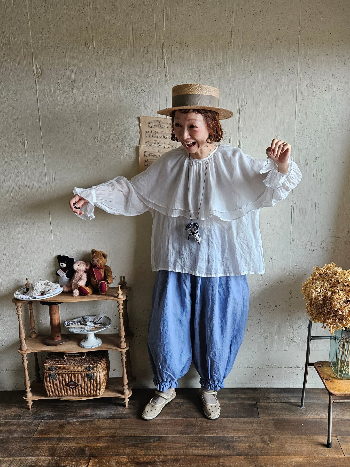 【即納】ダブルカラーピエロブラウス　　White  DOUBLE COLLAR PIEROT BLOUSE