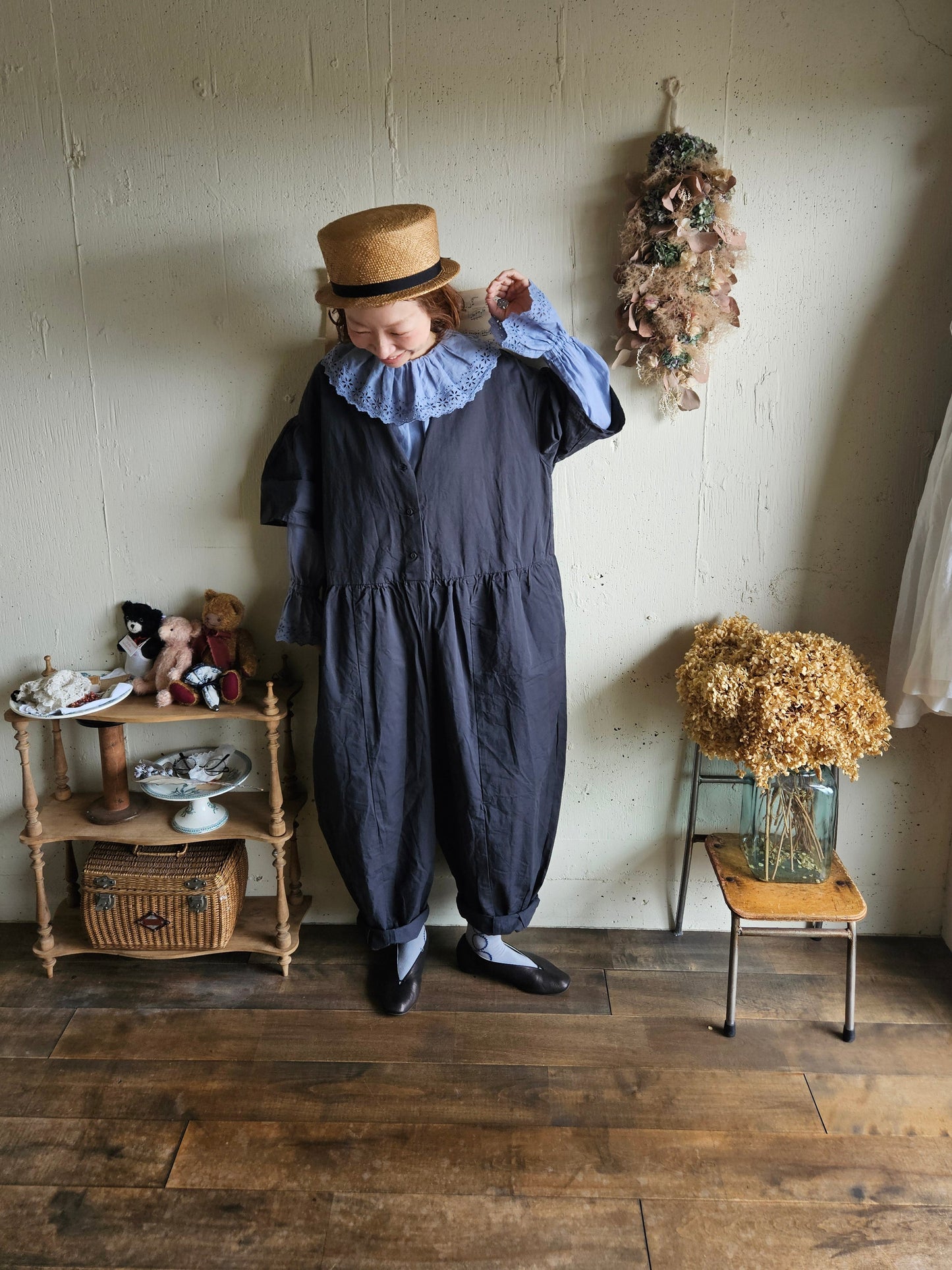 【即納】アンティークフリルブラウス　gauze#×megurimegutte  別注カラー！スモーキーブルー　smoky blue    antique frill blouse