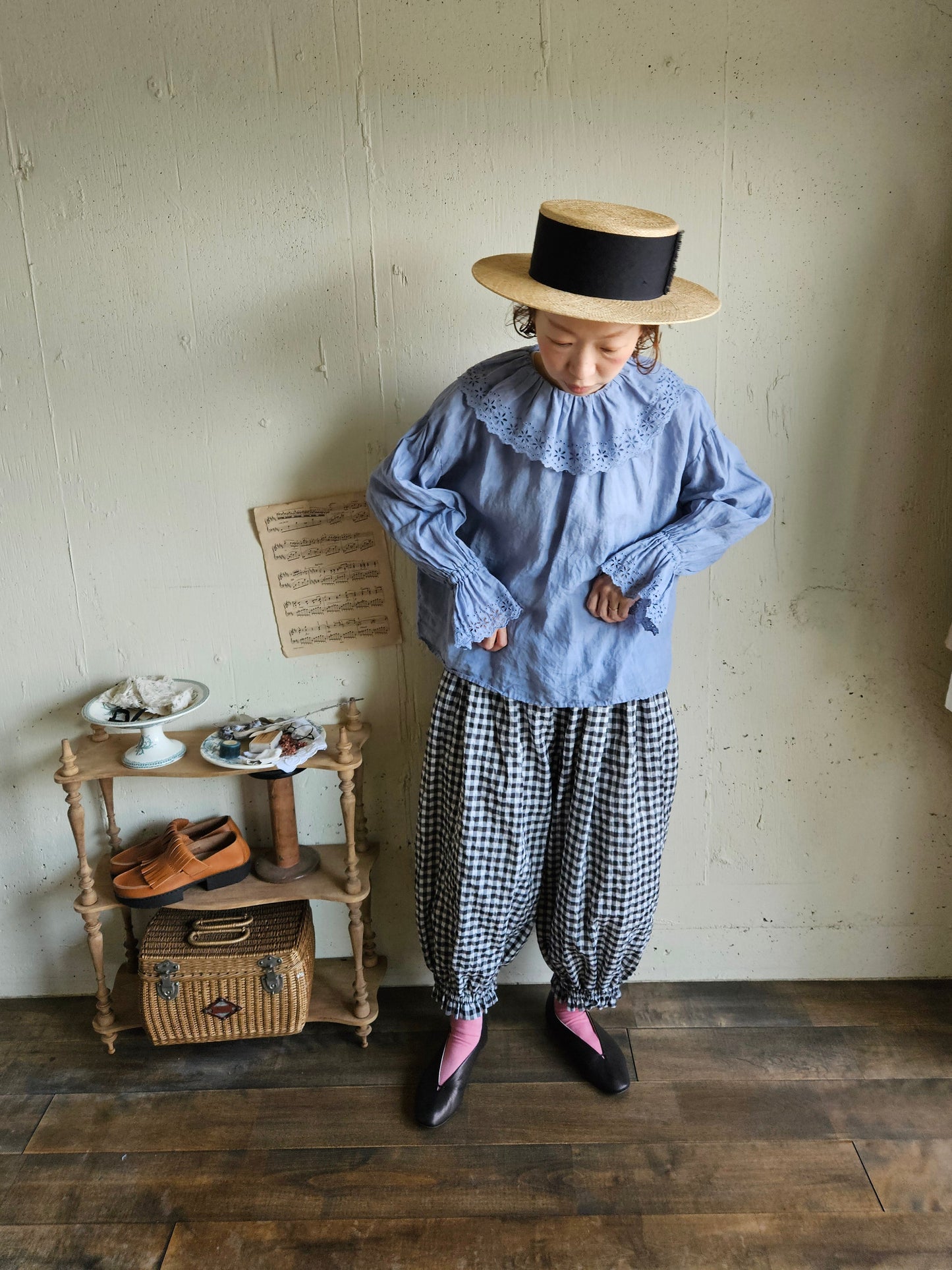 【即納】アンティークフリルブラウス　gauze#×megurimegutte  別注カラー！スモーキーブルー　smoky blue    antique frill blouse