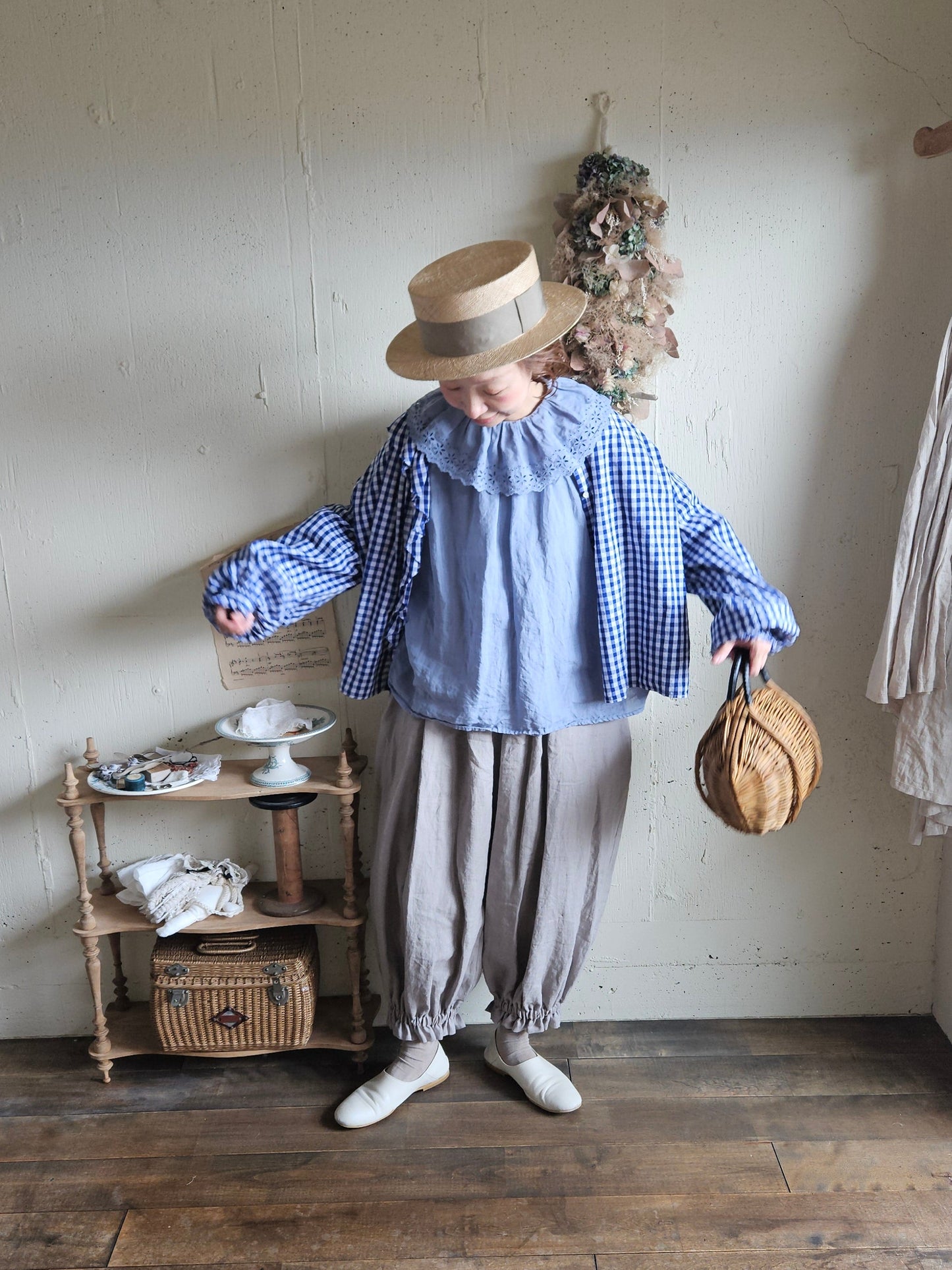 【即納】アンティークフリルブラウス　gauze#×megurimegutte  別注カラー！スモーキーブルー　smoky blue    antique frill blouse