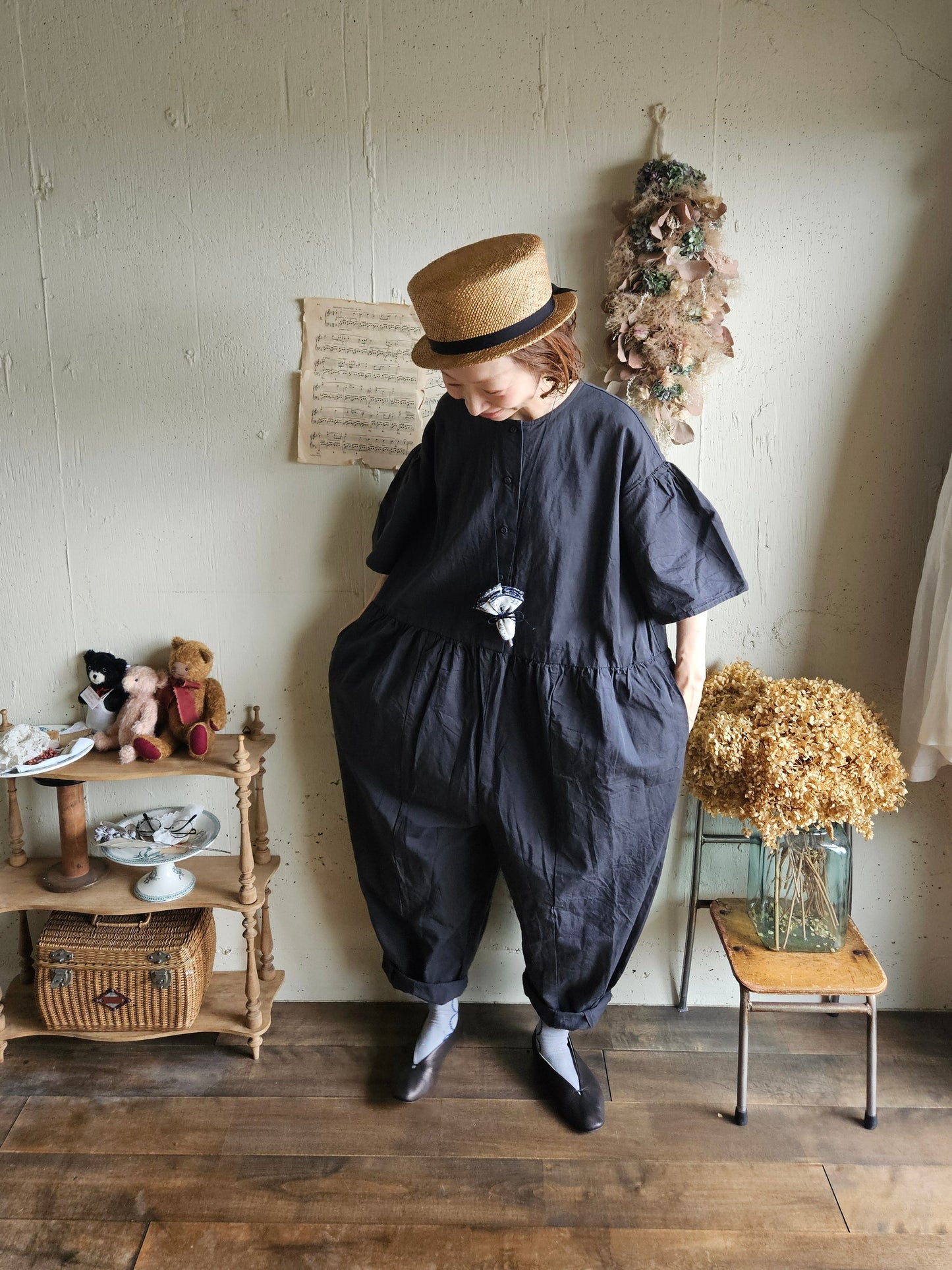 【即納】Gauze#  チャーリーサロペット　CHARCOAL BLACK　オールインワン
