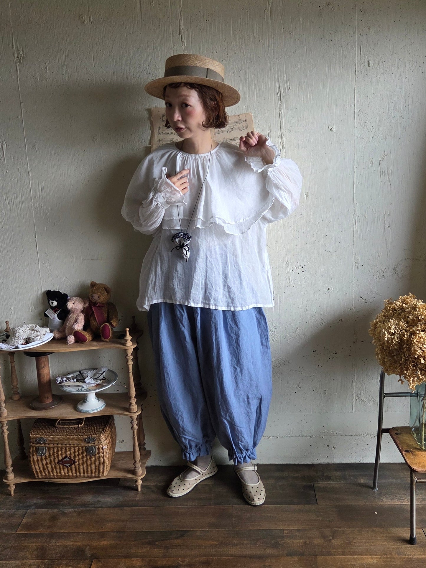 【即納】ダブルカラーピエロブラウス　　White  DOUBLE COLLAR PIEROT BLOUSE