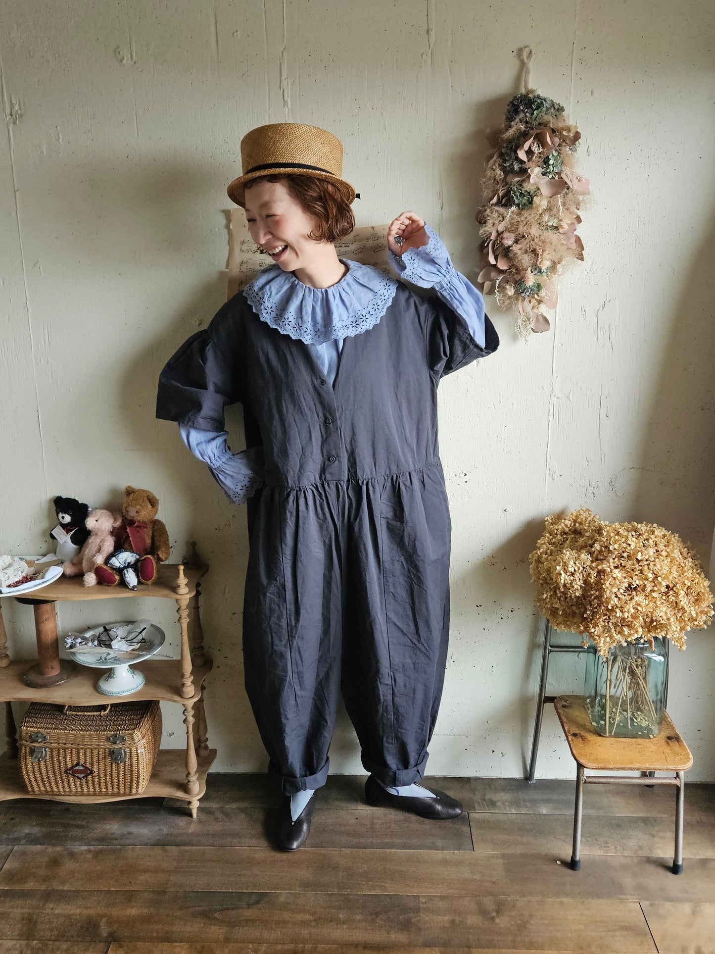 【即納】アンティークフリルブラウス　gauze#×megurimegutte  別注カラー！スモーキーブルー　smoky blue    antique frill blouse