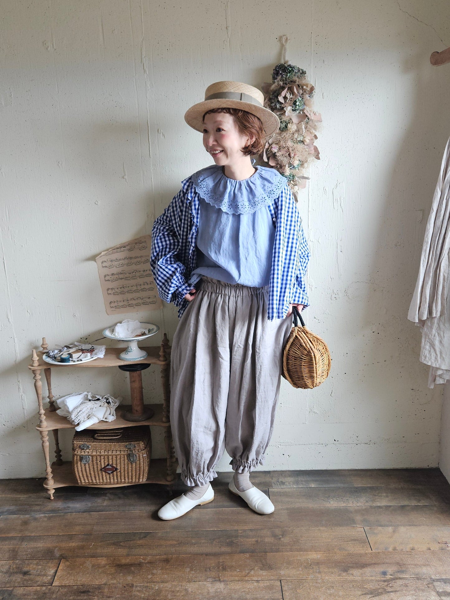 【即納】アンティークフリルブラウス　gauze#×megurimegutte  別注カラー！スモーキーブルー　smoky blue    antique frill blouse