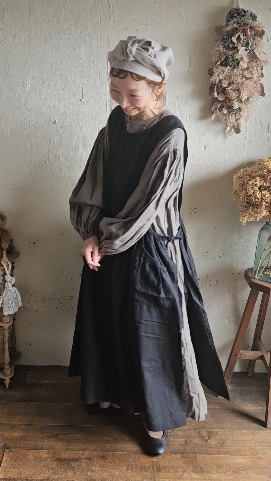 Dark Black フレンチリネンエプロンワンピース　フレンチリネンワンピース　FrenchLinen Apron onepiece