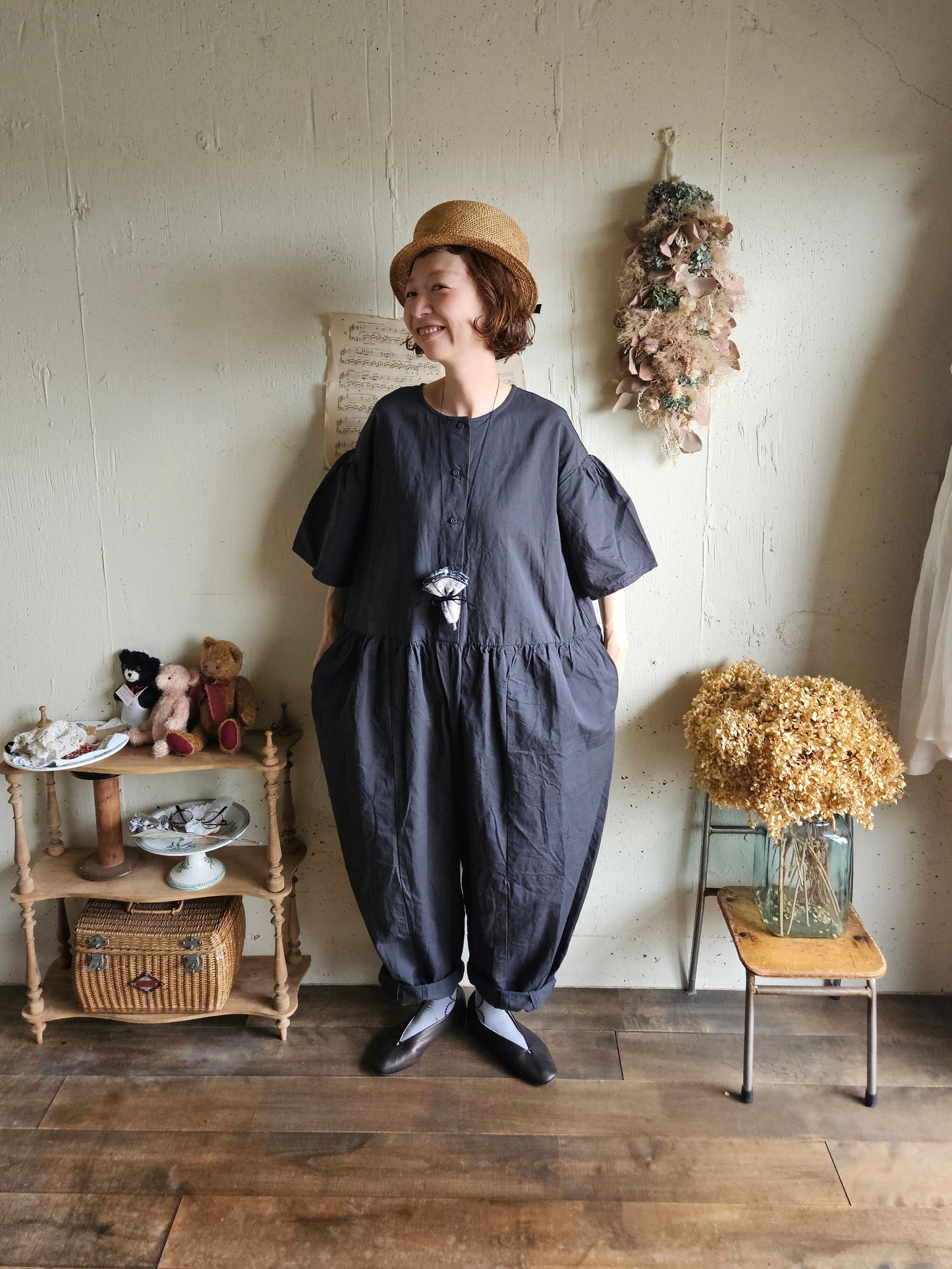 【即納】Gauze#  チャーリーサロペット　CHARCOAL BLACK　オールインワン