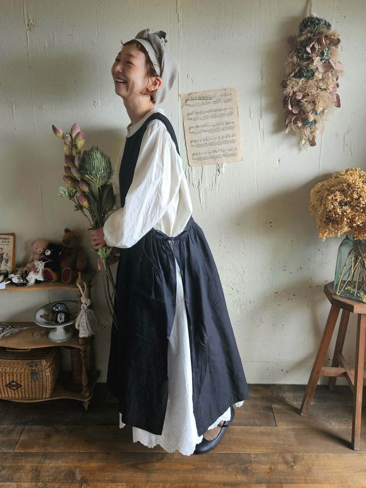 Dark Black フレンチリネンエプロンワンピース　フレンチリネンワンピース　FrenchLinen Apron onepiece