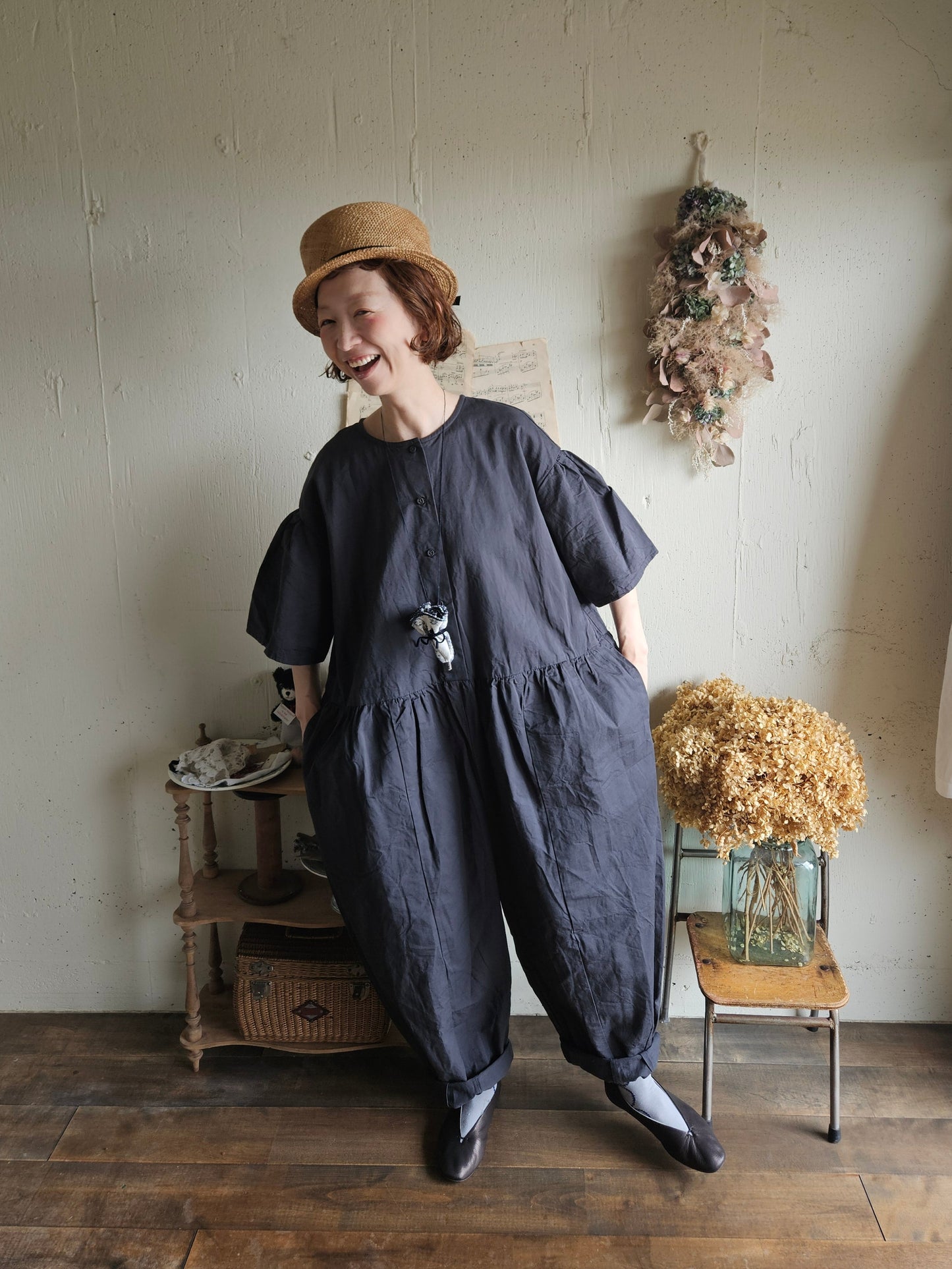 【即納】Gauze#  チャーリーサロペット　CHARCOAL BLACK　オールインワン